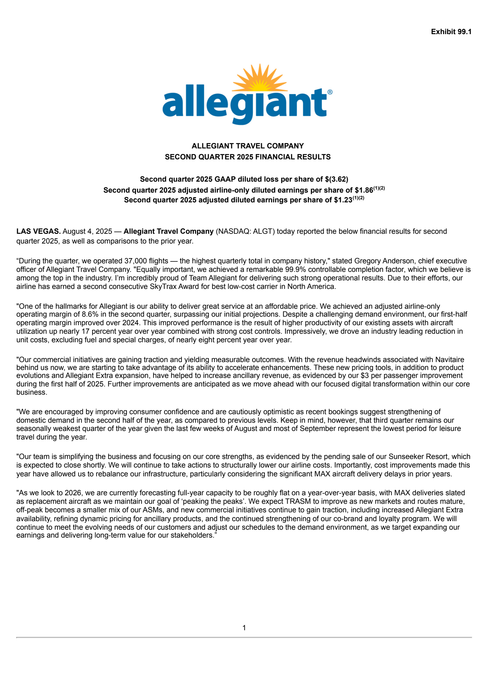 Allegiant Travel's Q2 2025 Press Release