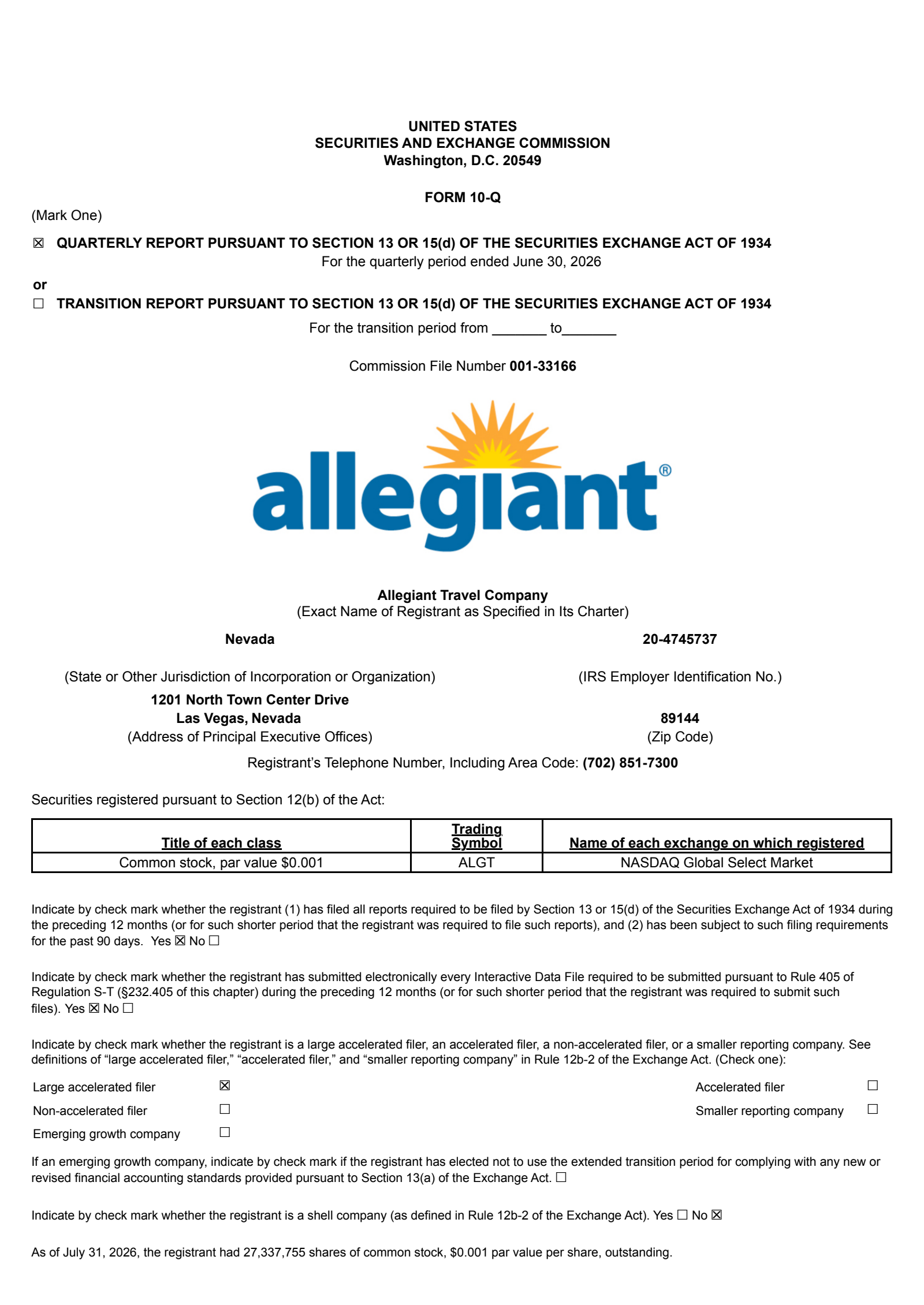 Allegiant Travel's Q2 2026 Quarterly report