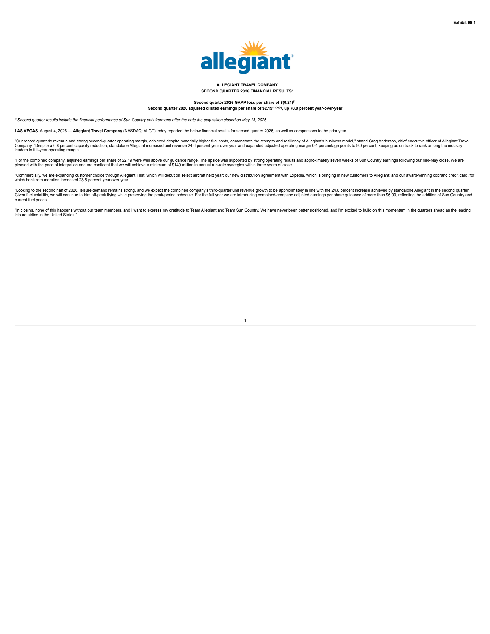 Allegiant Travel's Q2 2026 Press Release