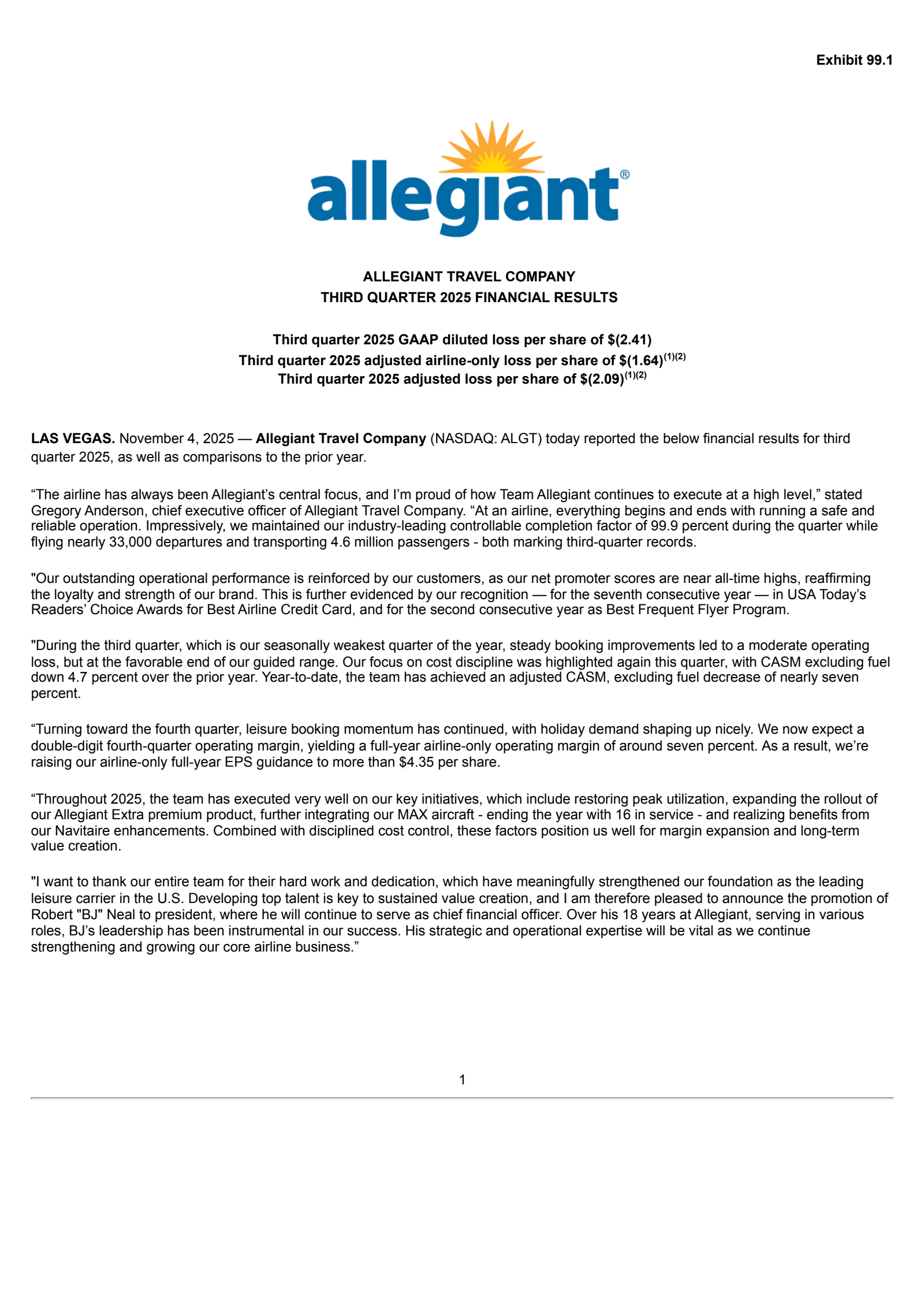 Allegiant Travel's Q3 2025 Earnings Release