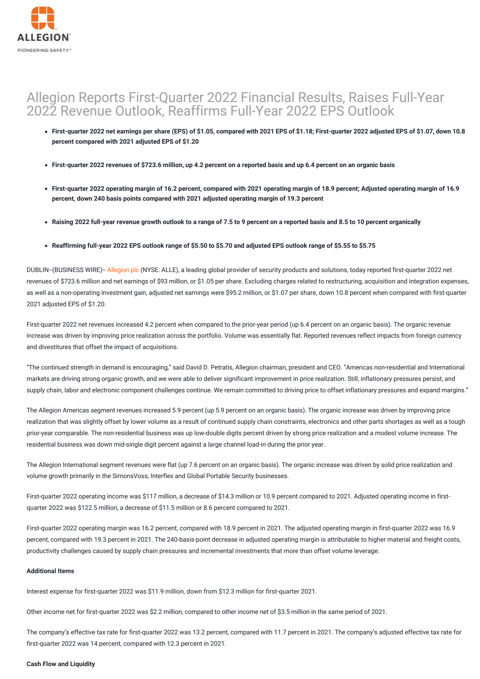 Allegion's Q1 2022 Press Release