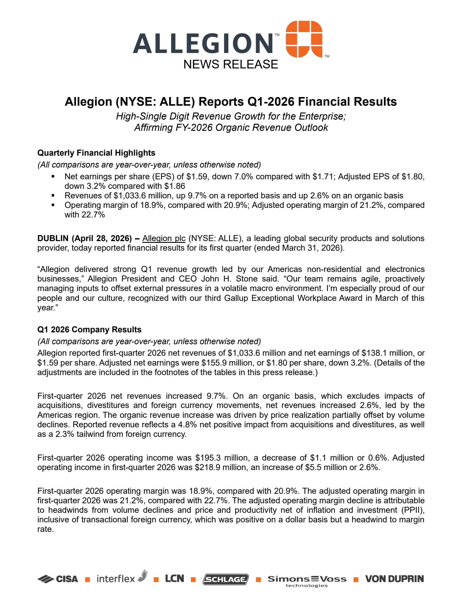 Allegion's Q1 2026 Press Release