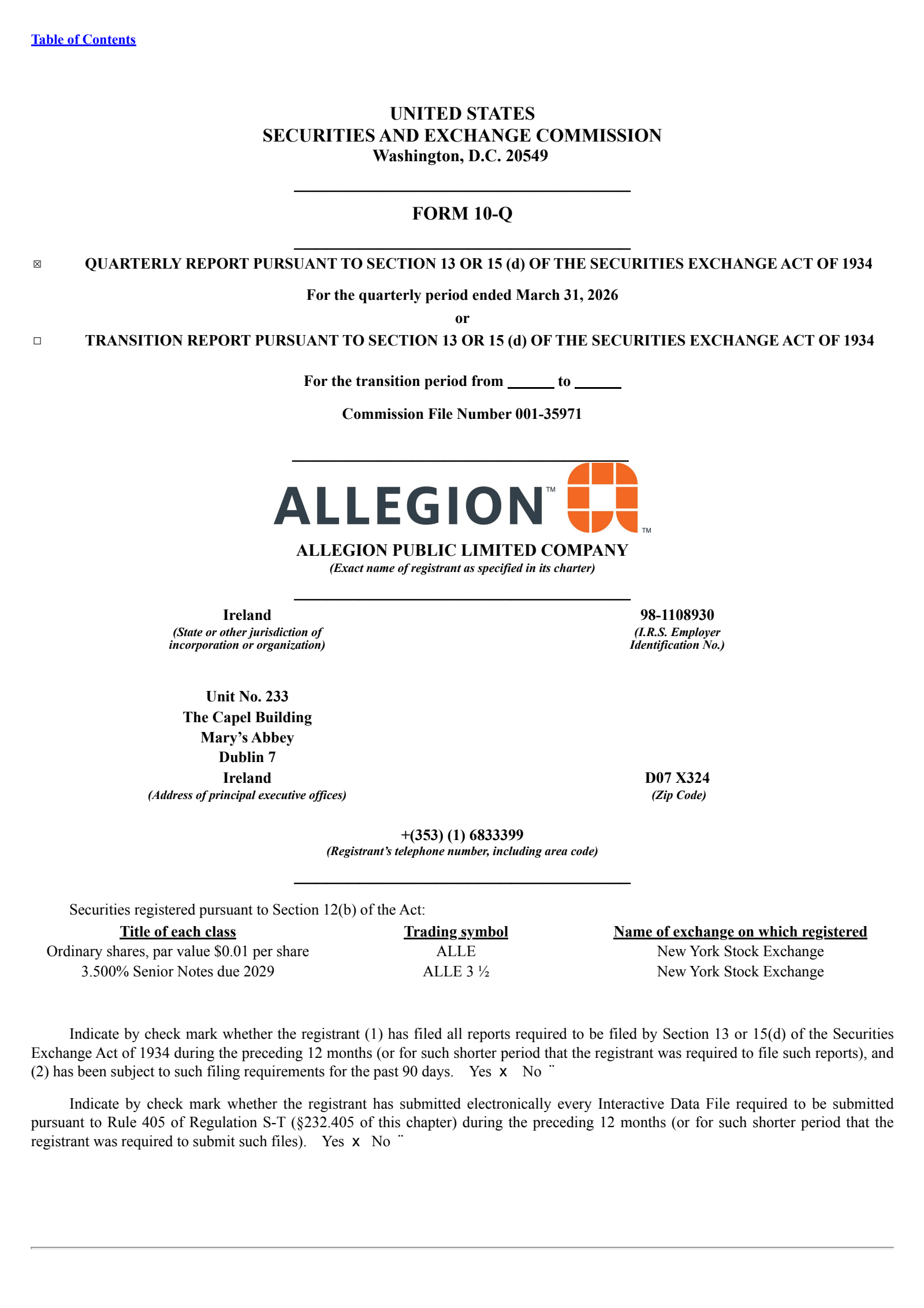 Allegion's Q1 2026 Quarterly report