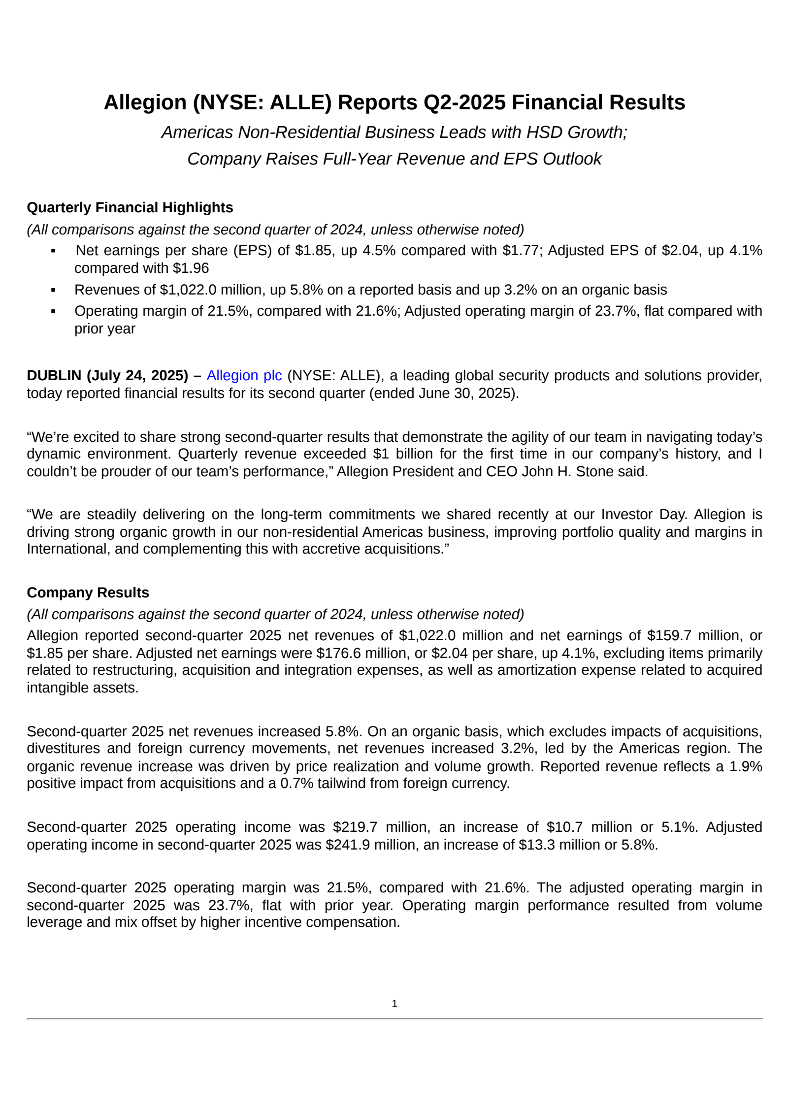Allegion's Q2 2025 Press Release