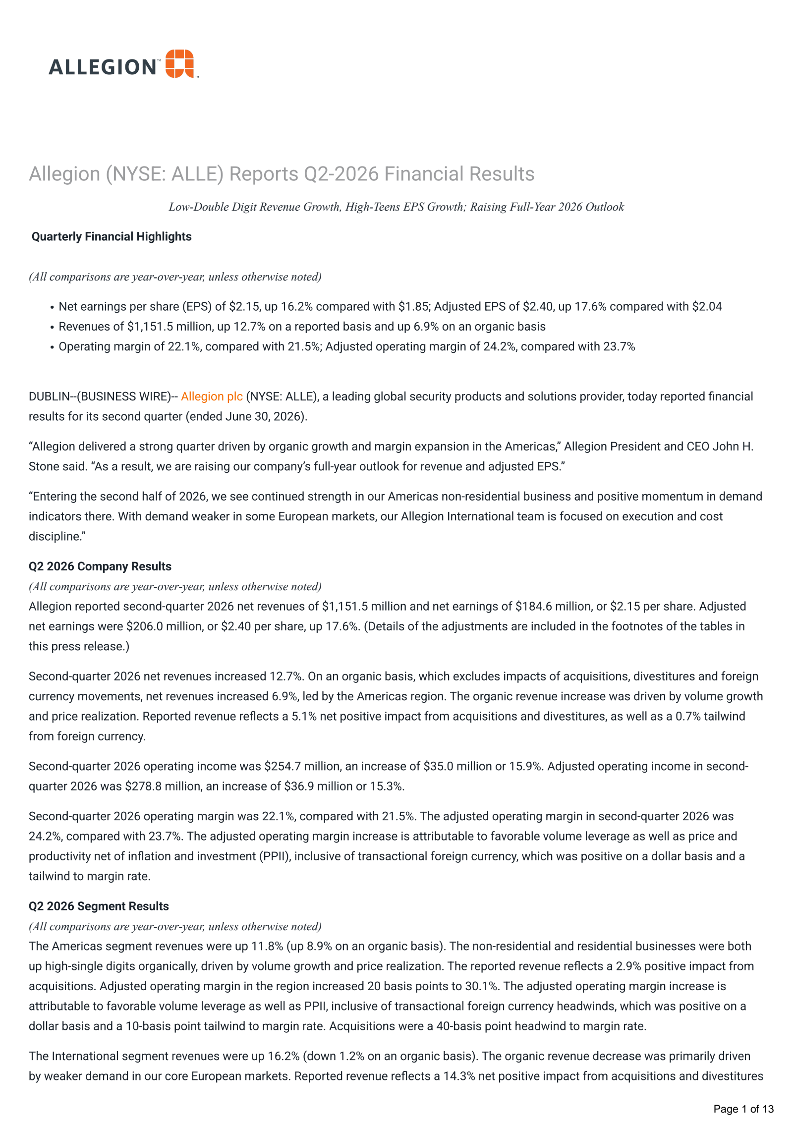 Allegion's Q2 2026 Press Release
