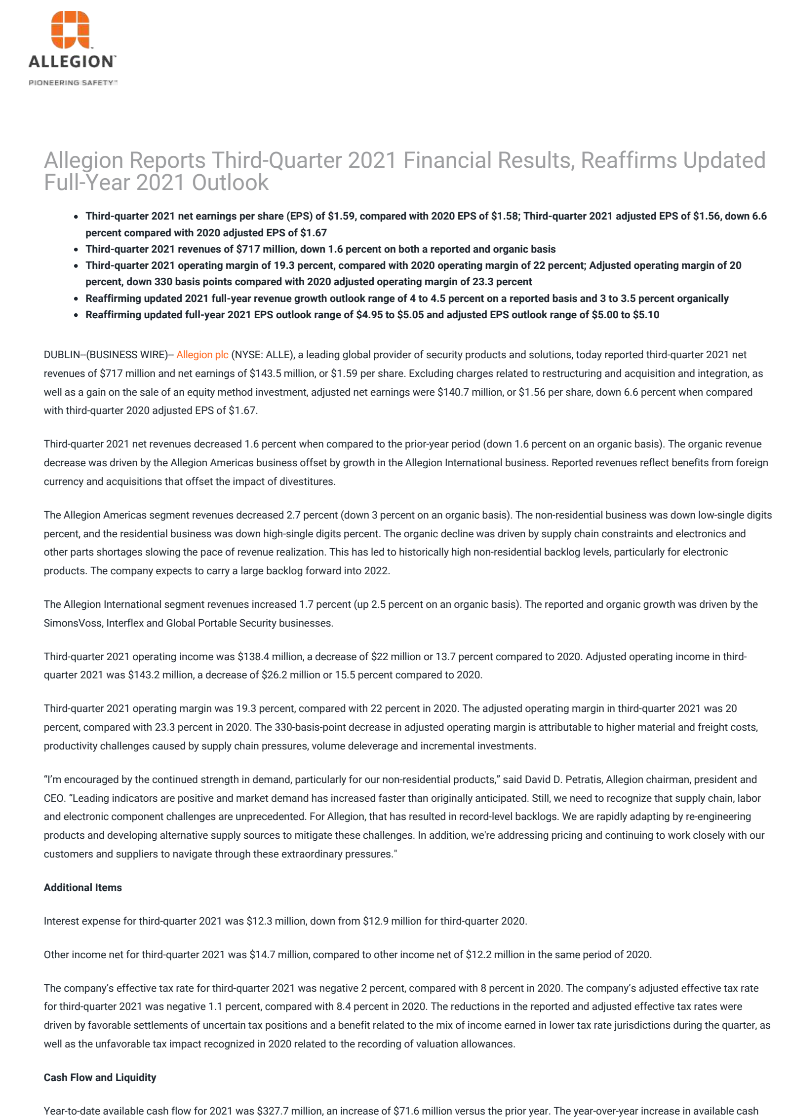 Allegion's Q3 2021 Press Release