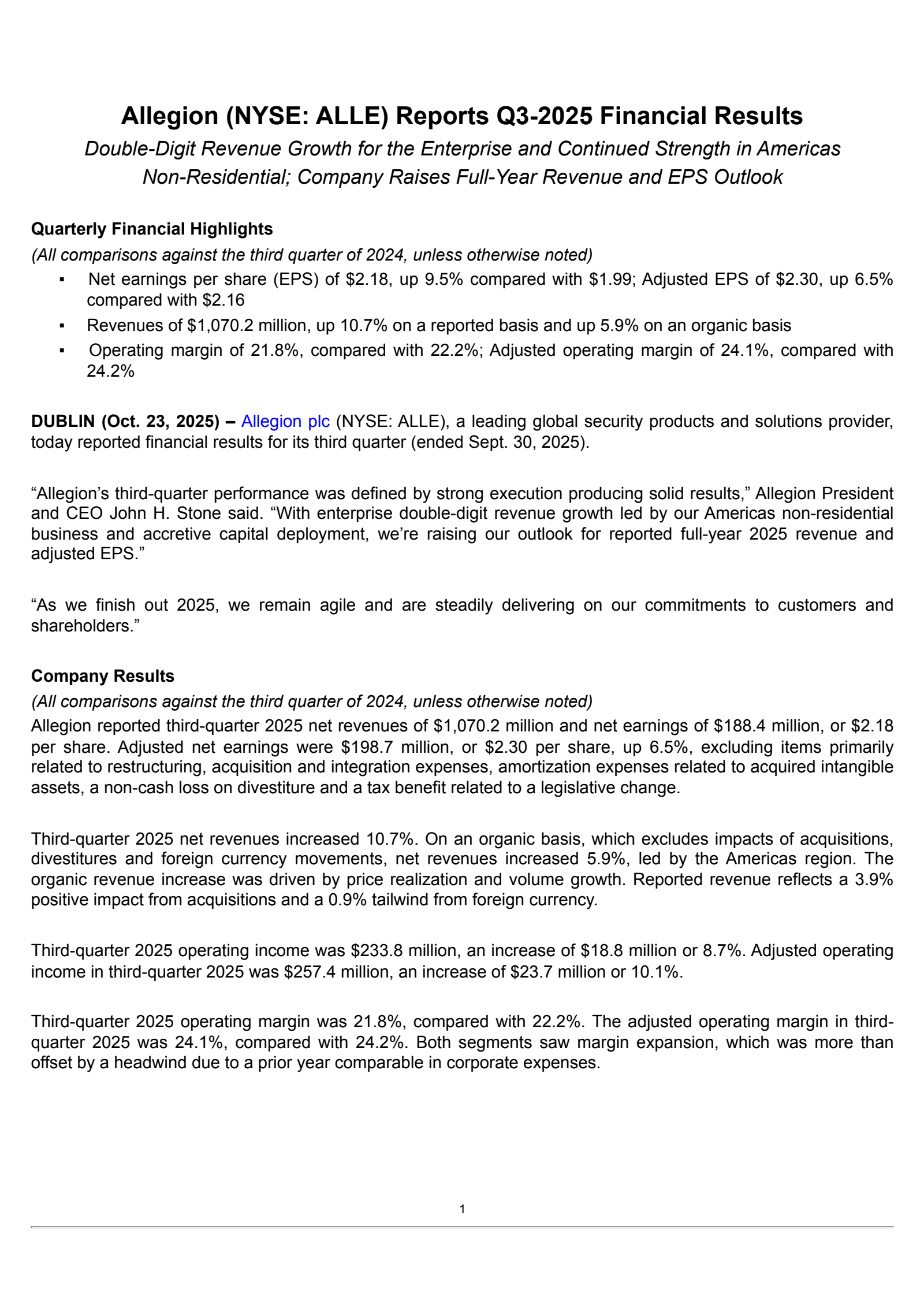 Allegion's Q3 2025 Earnings Release