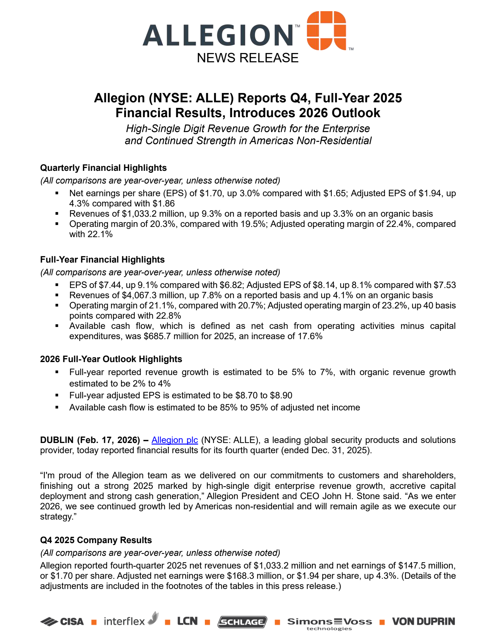 Allegion's Q4 2025 Press Release