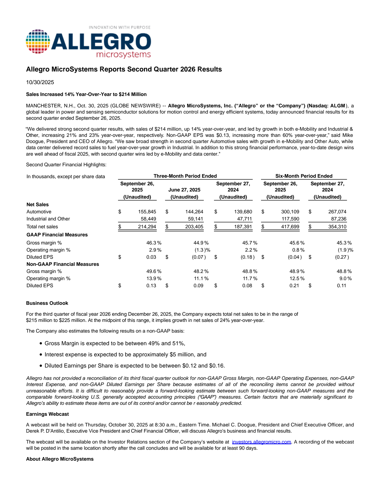 Allegro MicroSystems' Q2 2026 Earnings Release