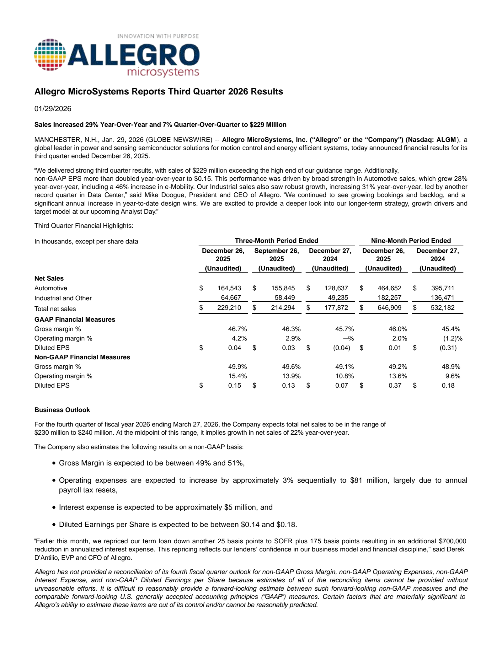 Allegro MicroSystems' Q3 2026 Press Release