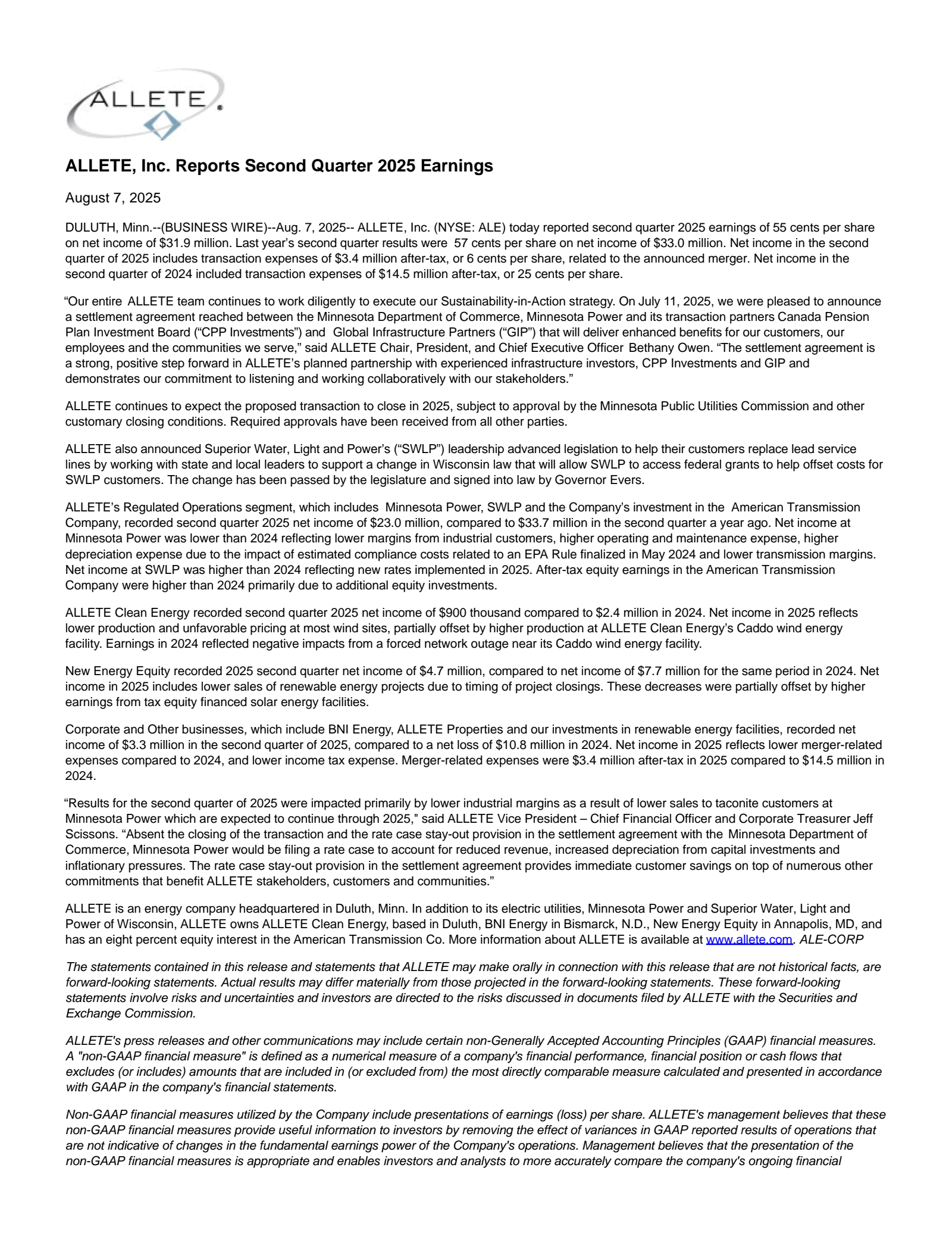 Allete's Q2 2025 Press Release