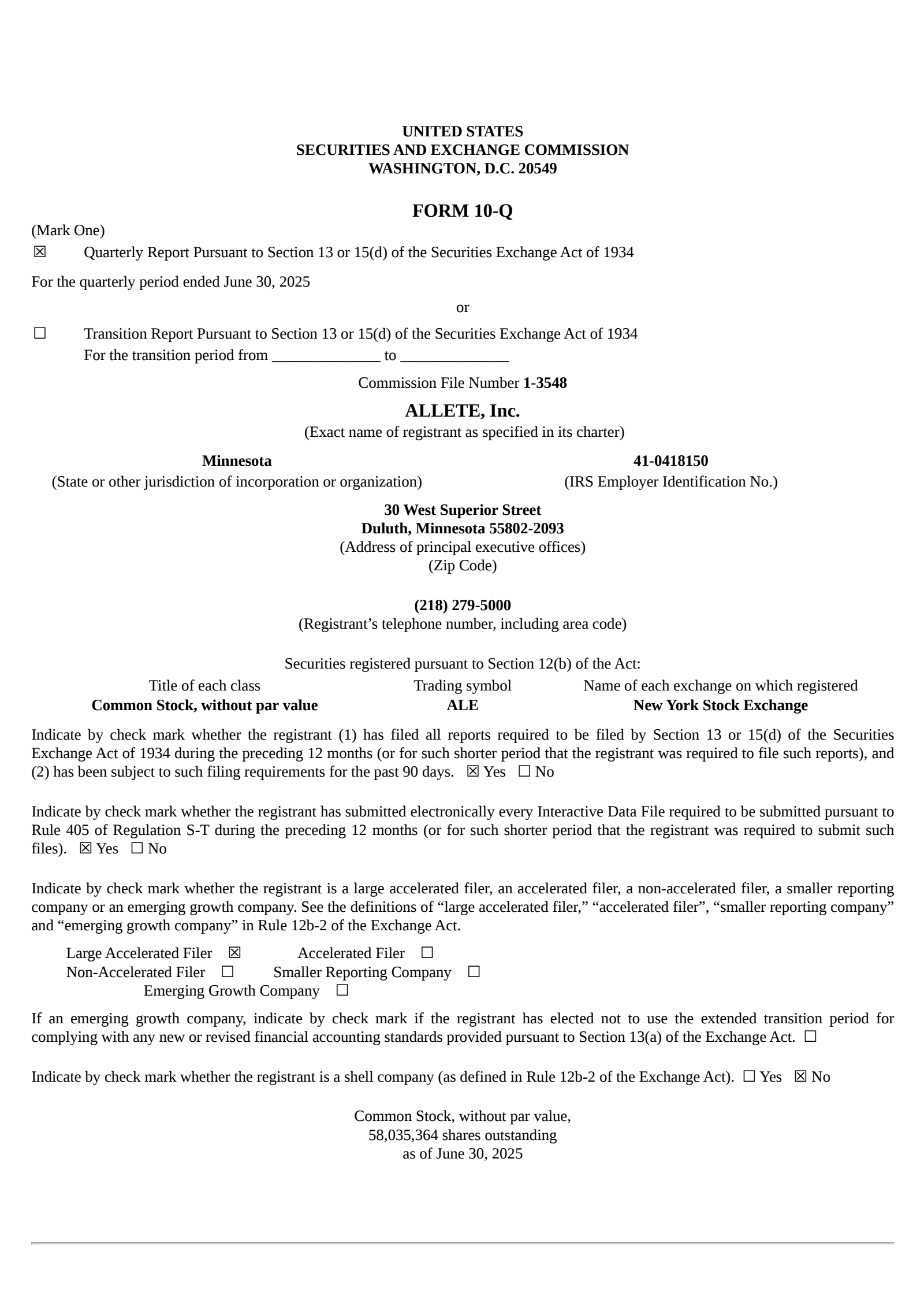 Allete's Q2 2025 Quarterly report