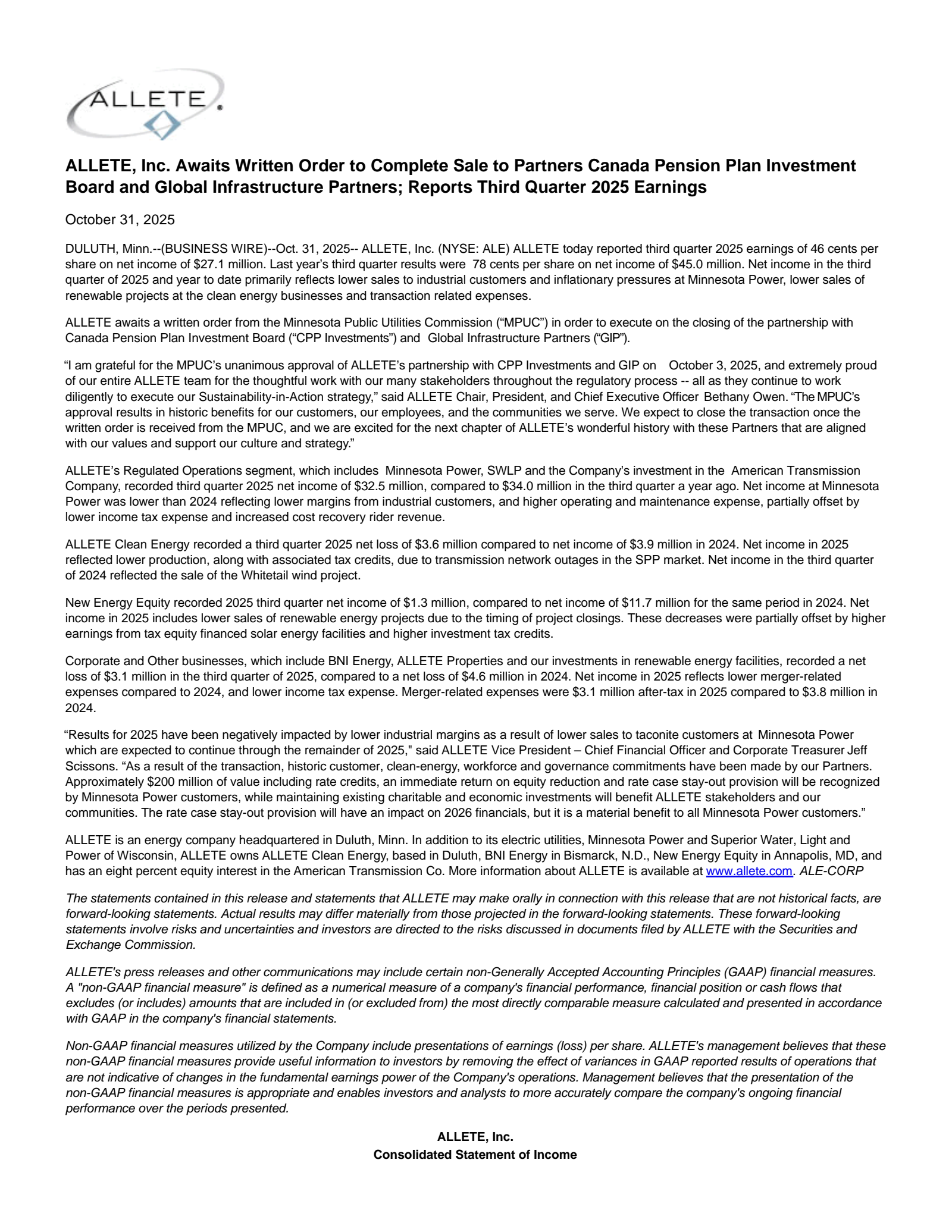 Allete's Q3 2025 Earnings Release
