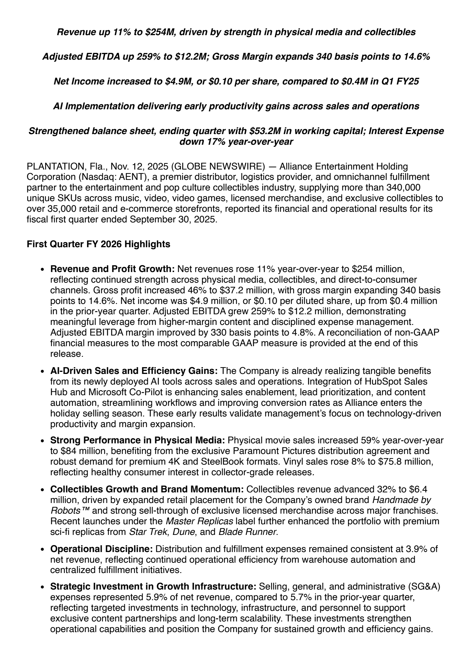 Alliance Entertainment's Q1 2026 Earnings Release