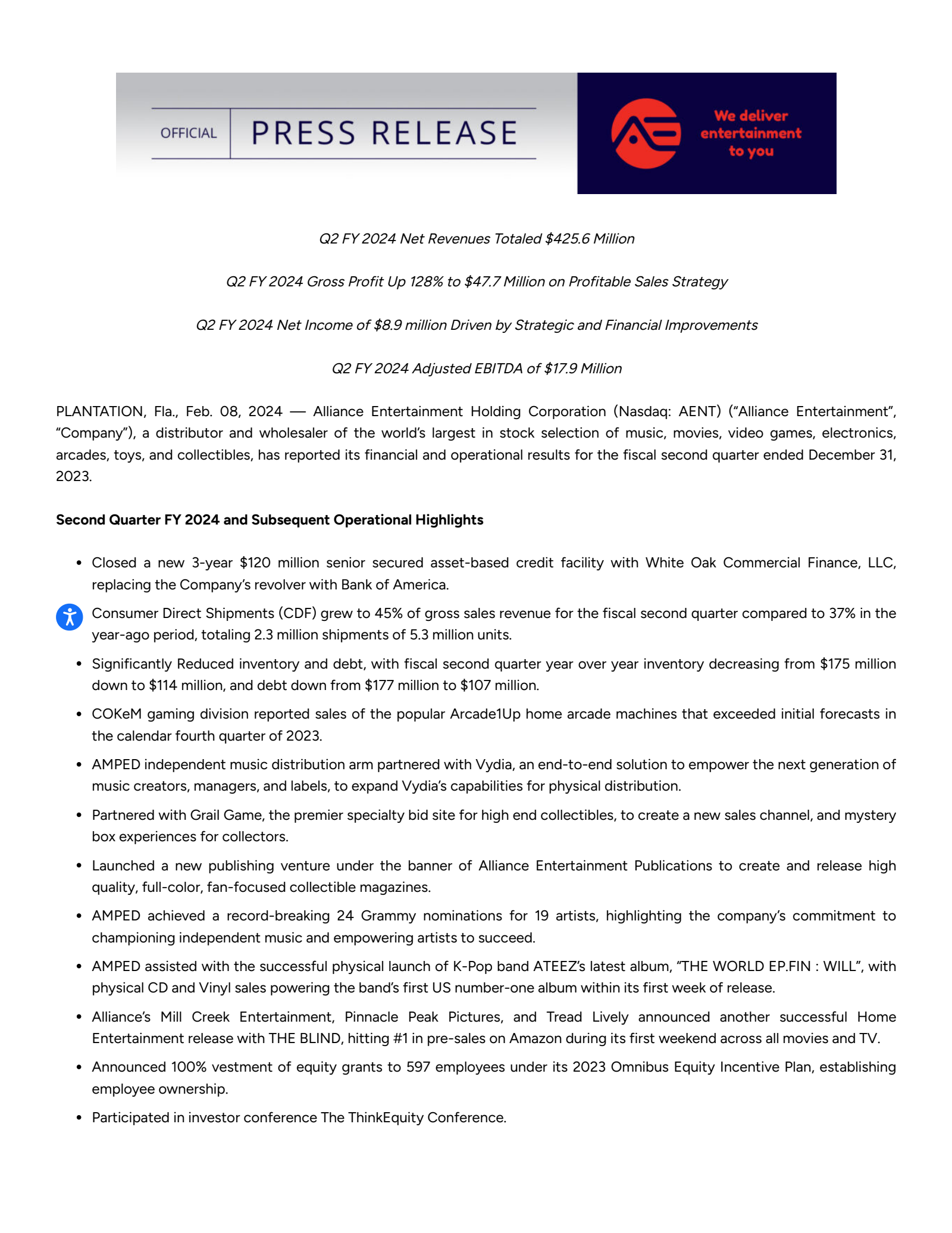 Alliance Entertainment's Q2 2024 Press Release