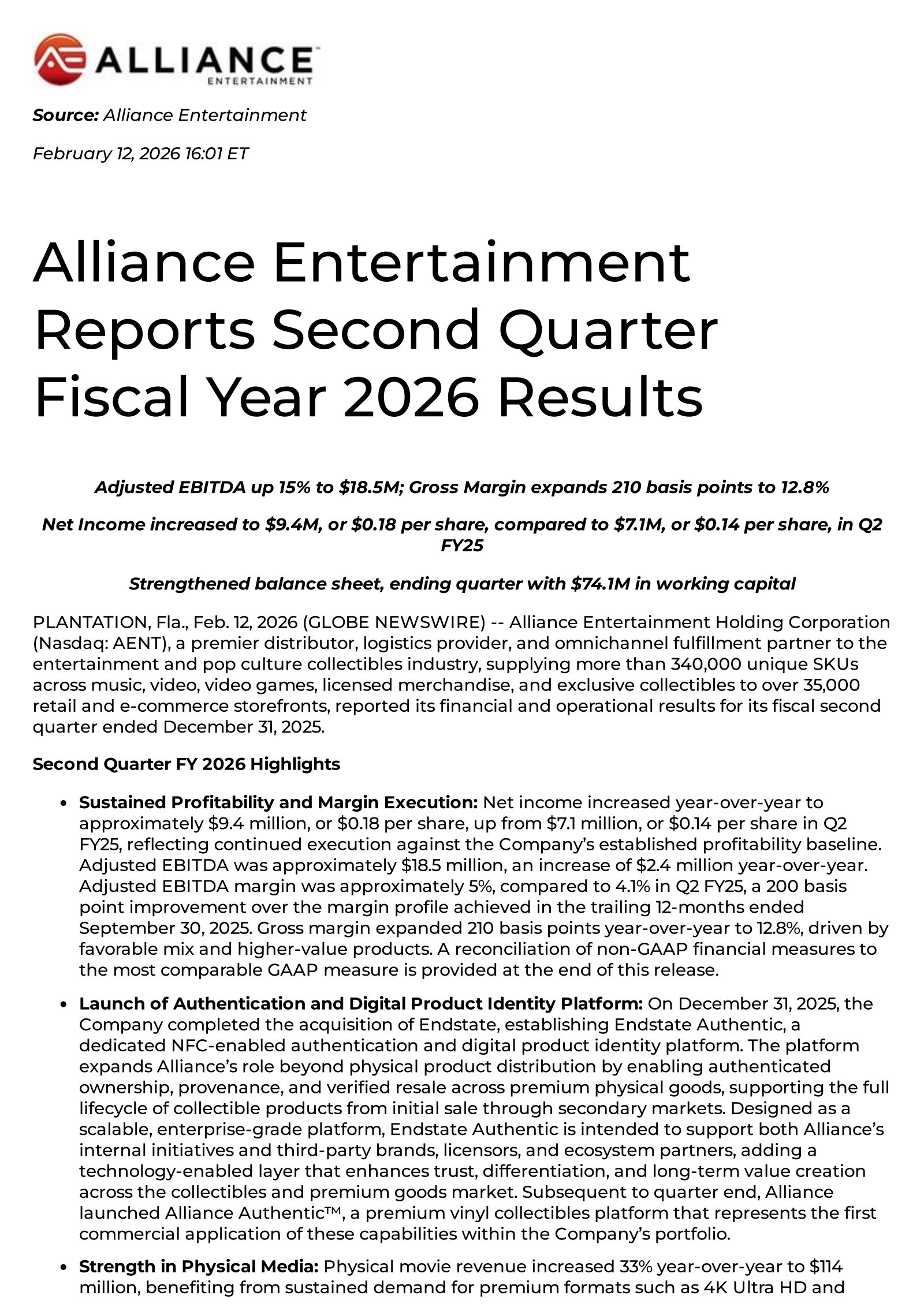 Alliance Entertainment's Q2 2026 Press Release