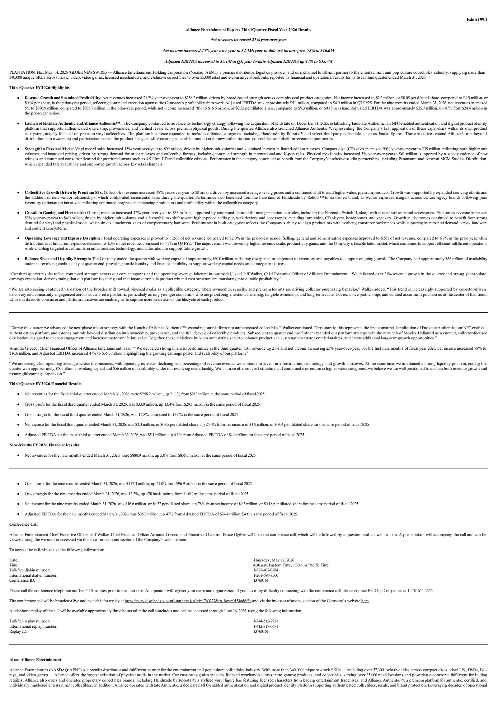 Alliance Entertainment's Q3 2026 Press Release