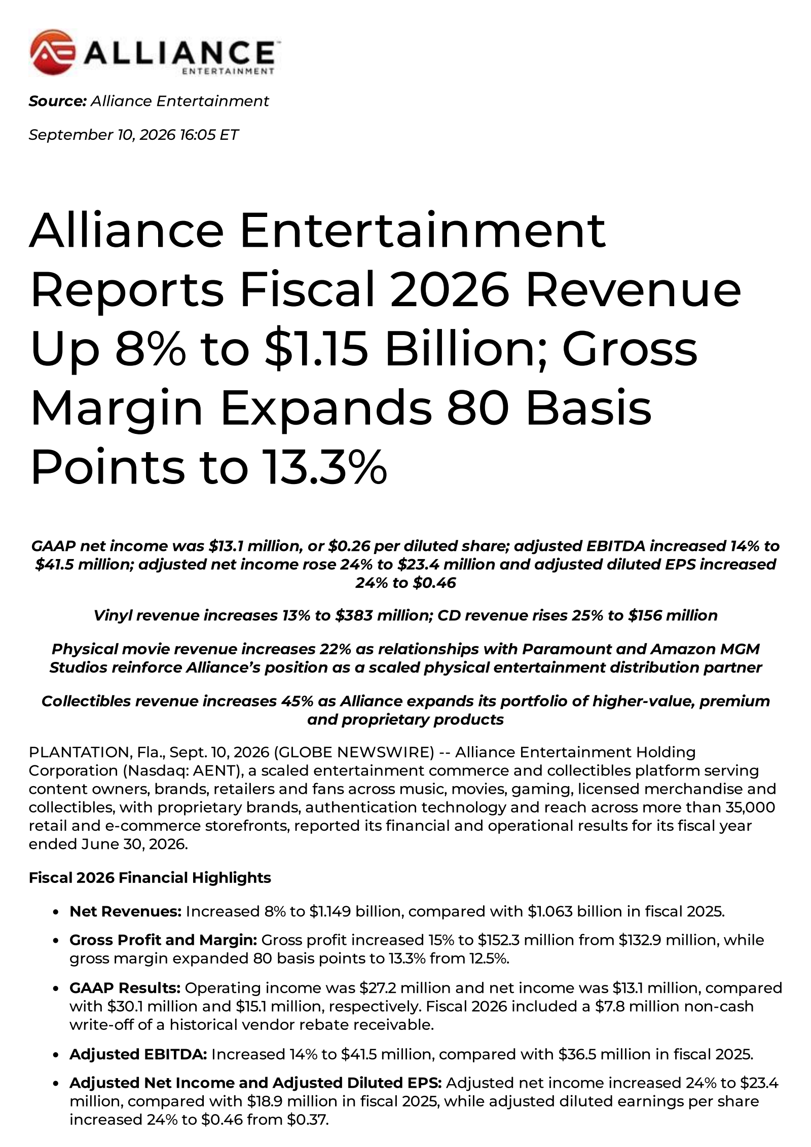 Alliance Entertainment's Q4 2026 Press Release