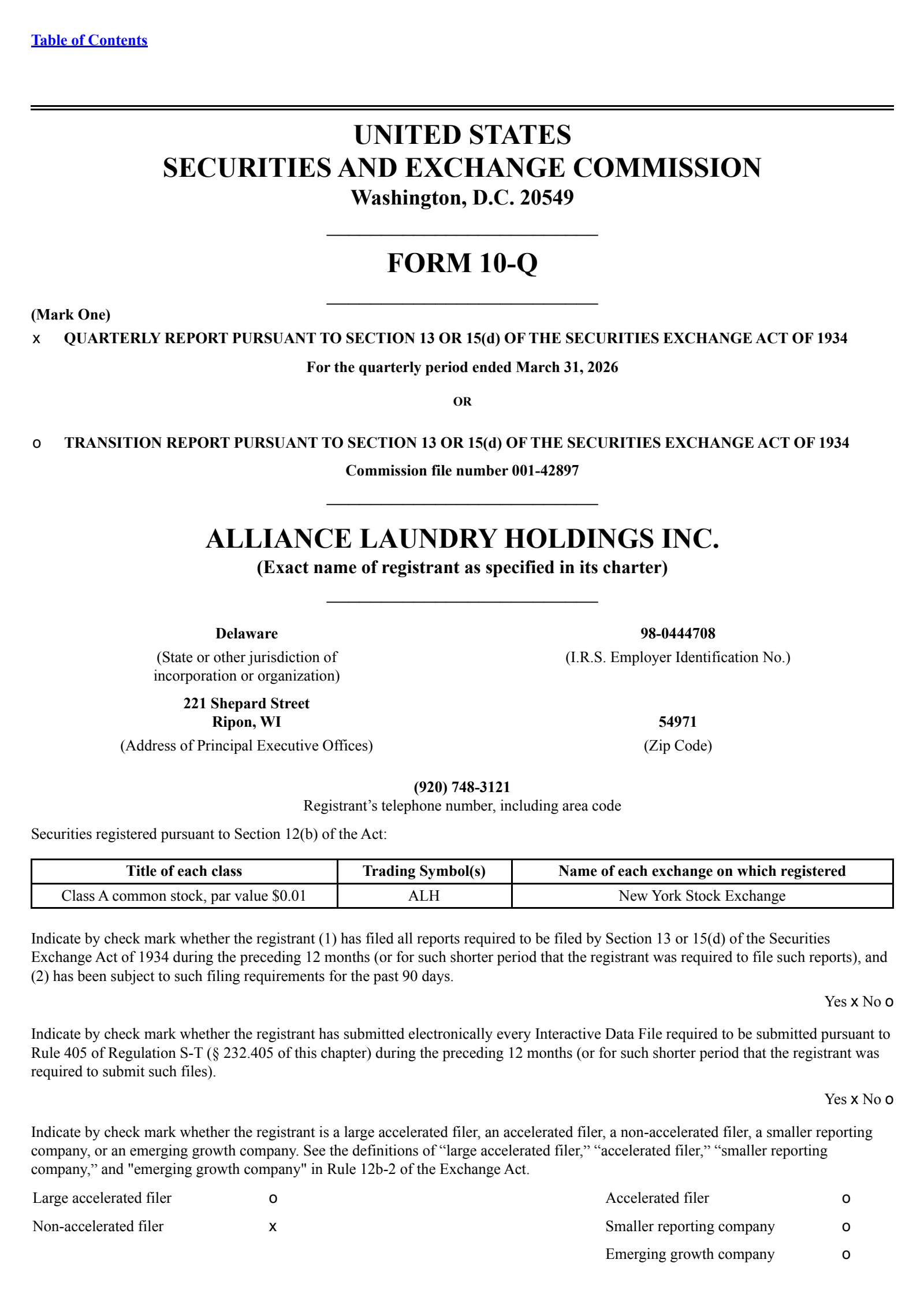 Alliance Laundry's Q1 2026 Quarterly report