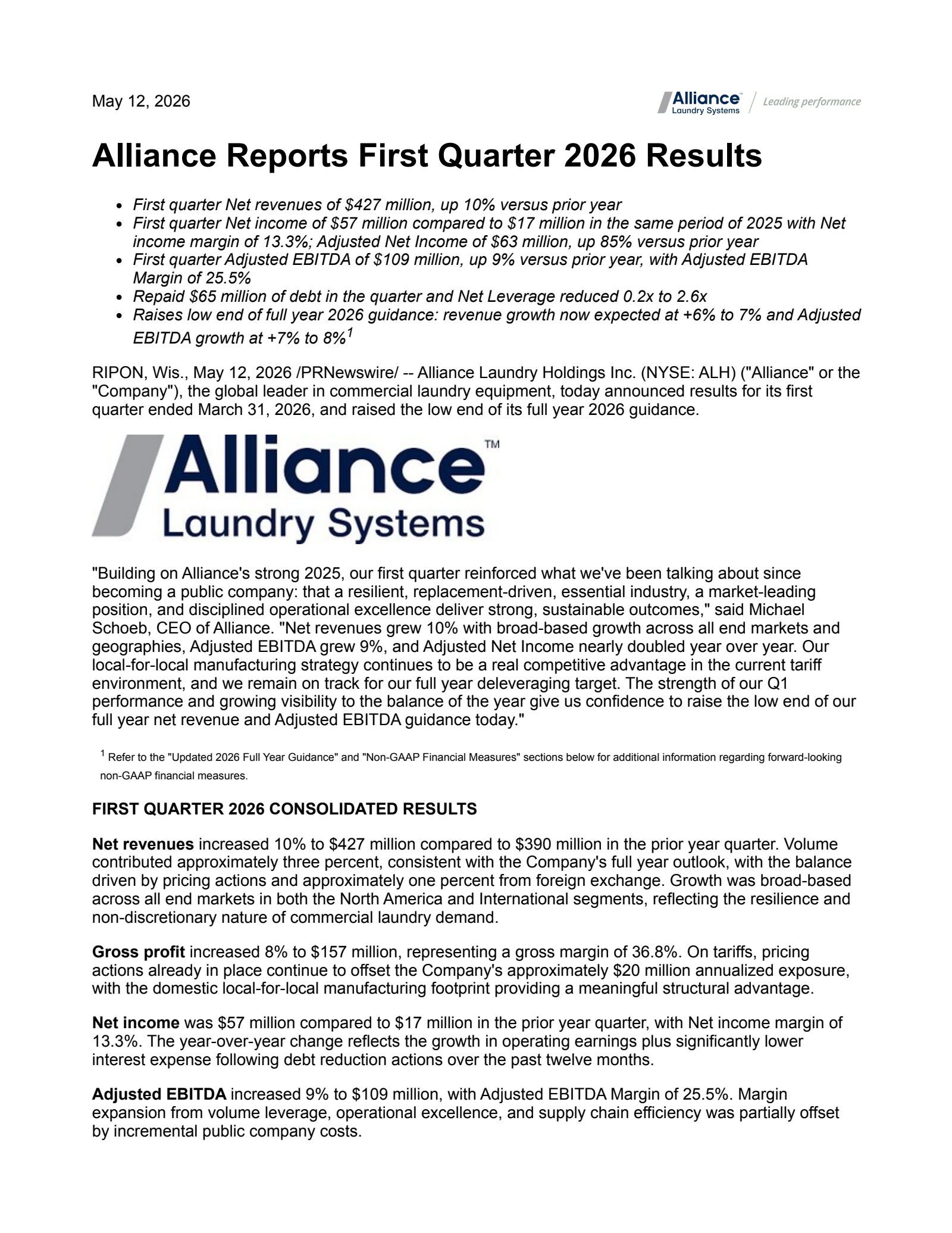 Alliance Laundry's Q1 2026 Press Release