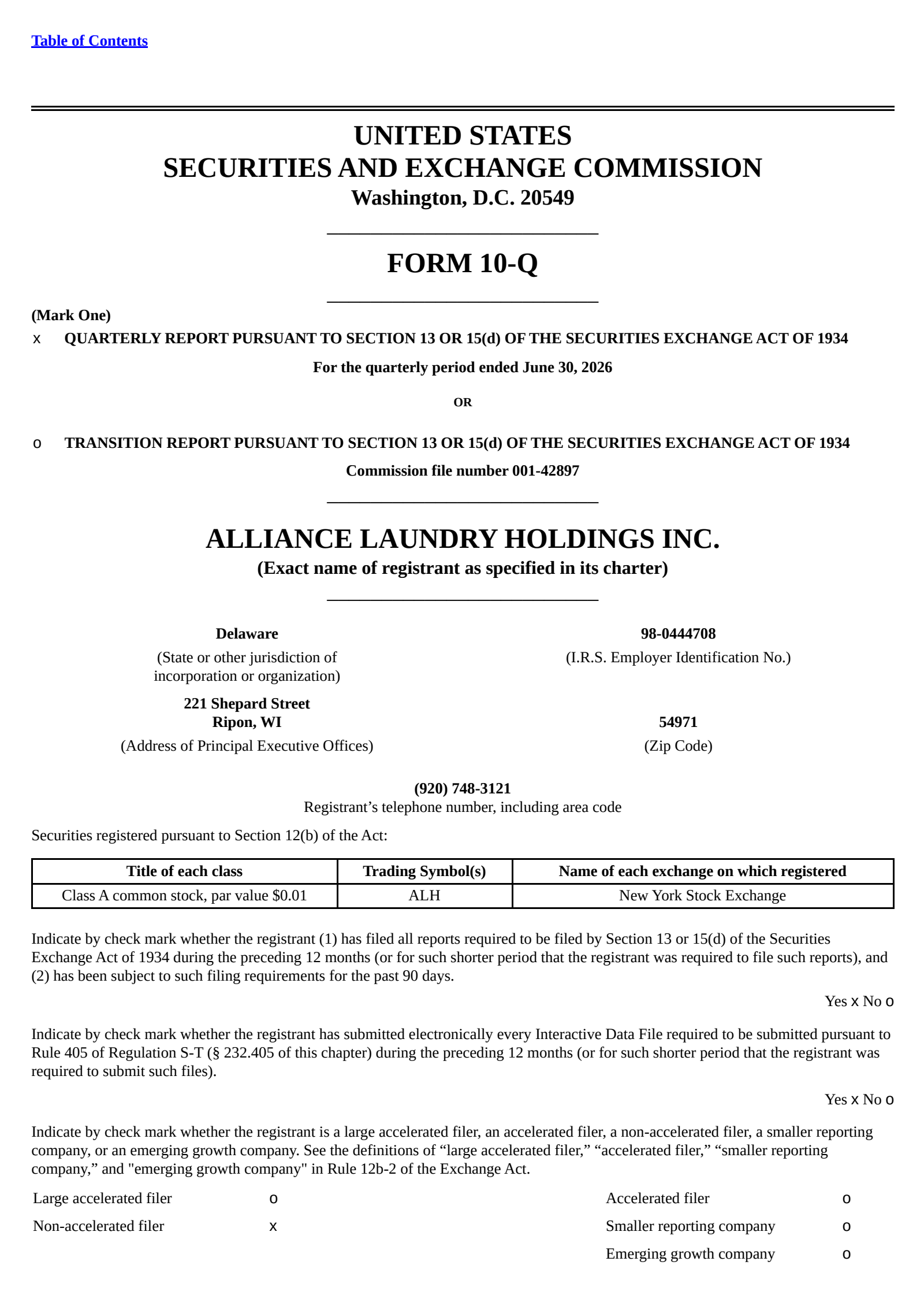 Alliance Laundry's Q2 2026 Quarterly report