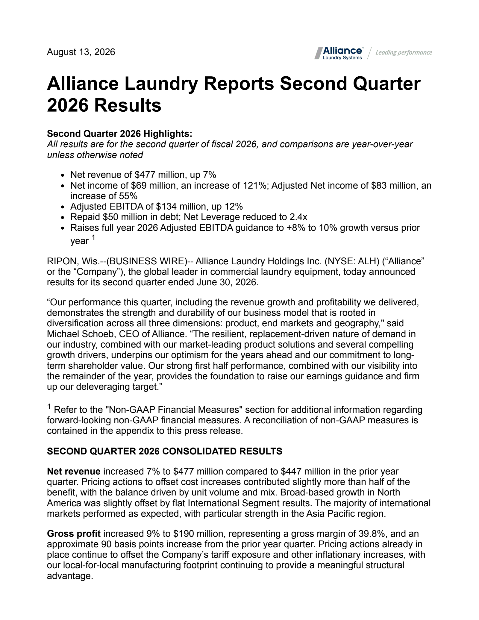 Alliance Laundry's Q2 2026 Press Release