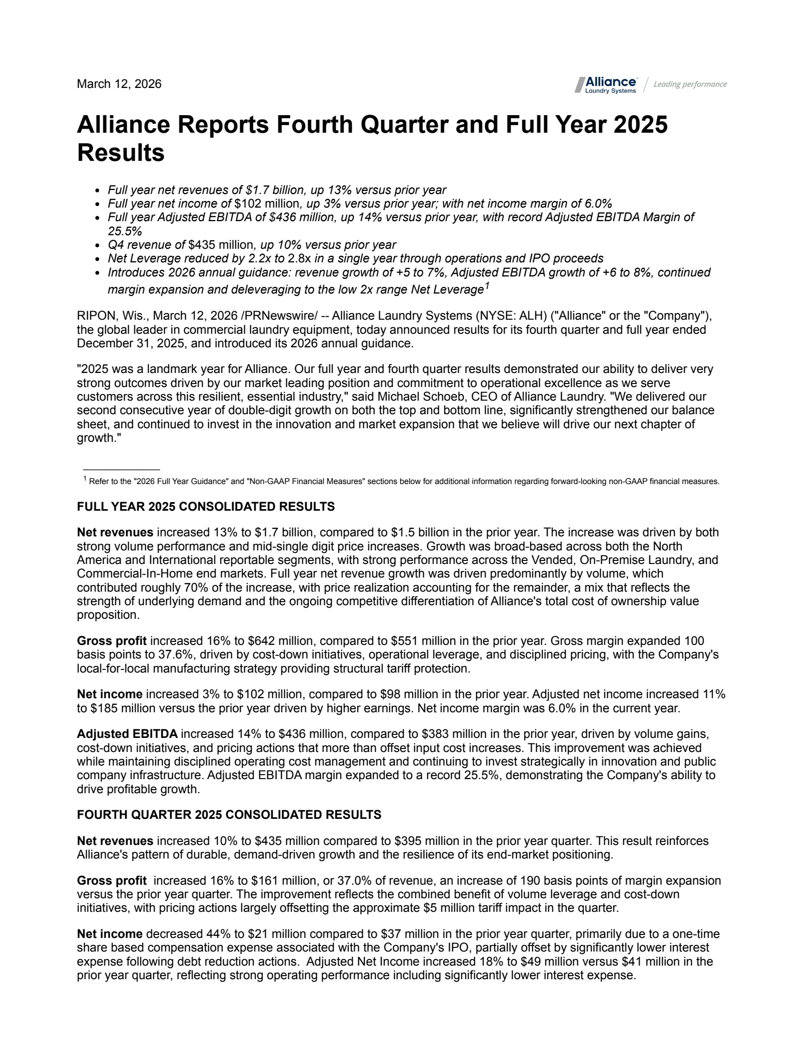 Alliance Laundry's Q4 2025 Press Release