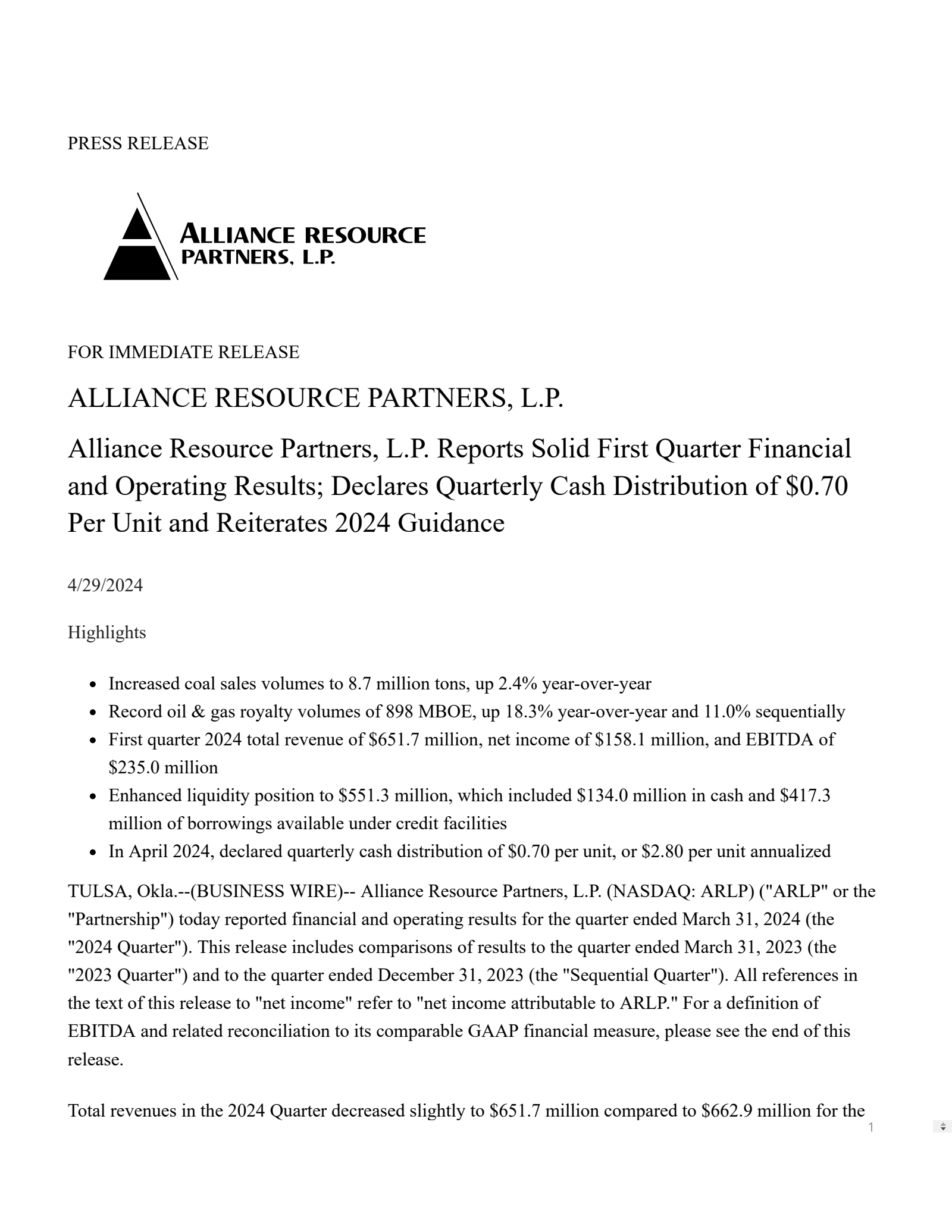 Alliance Resource Partners' Q1 2024 Press Release