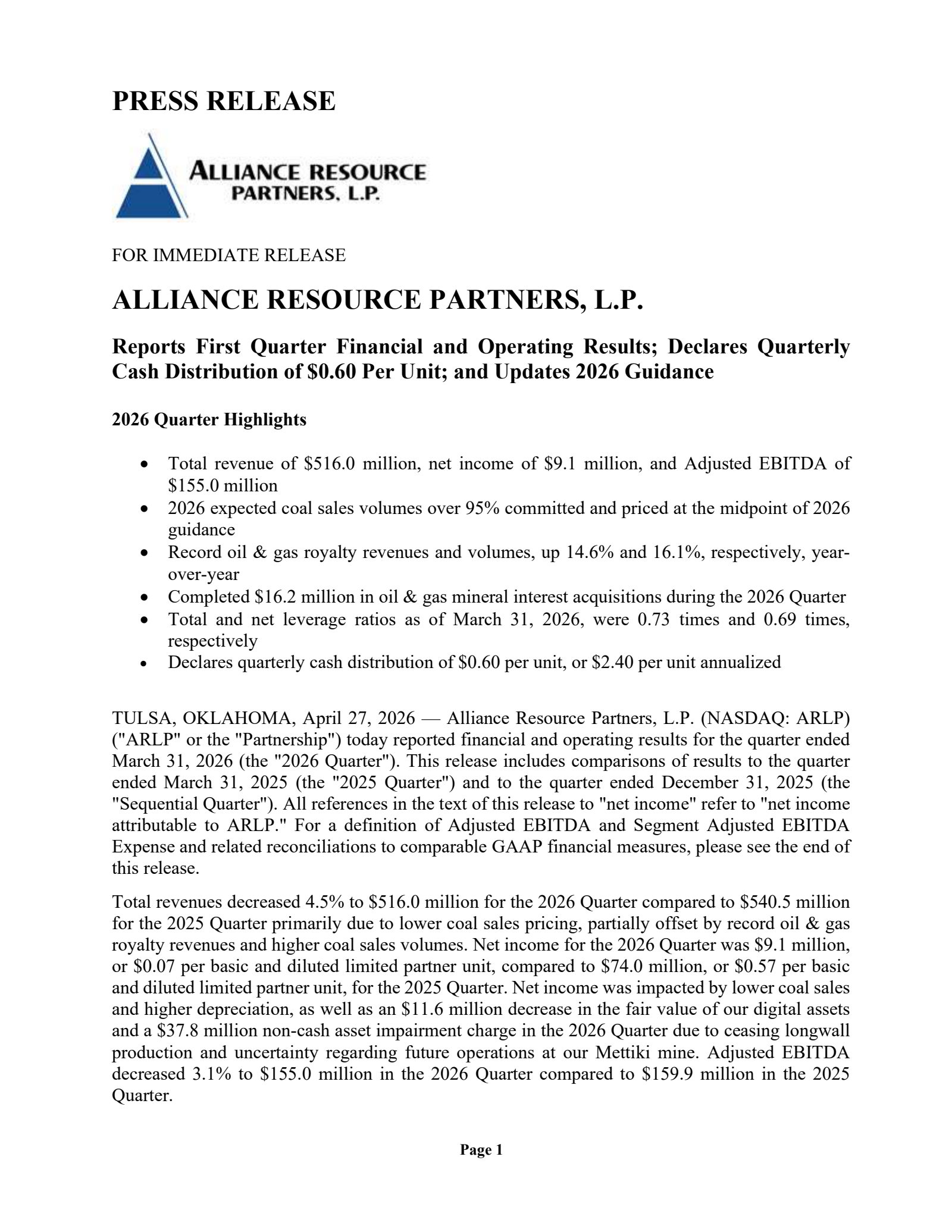 Alliance Resource Partners' Q1 2026 Press Release