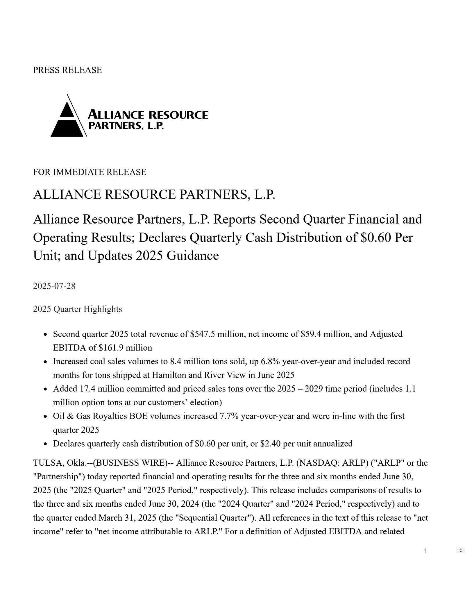 Alliance Resource Partners' Q2 2025 Press Release