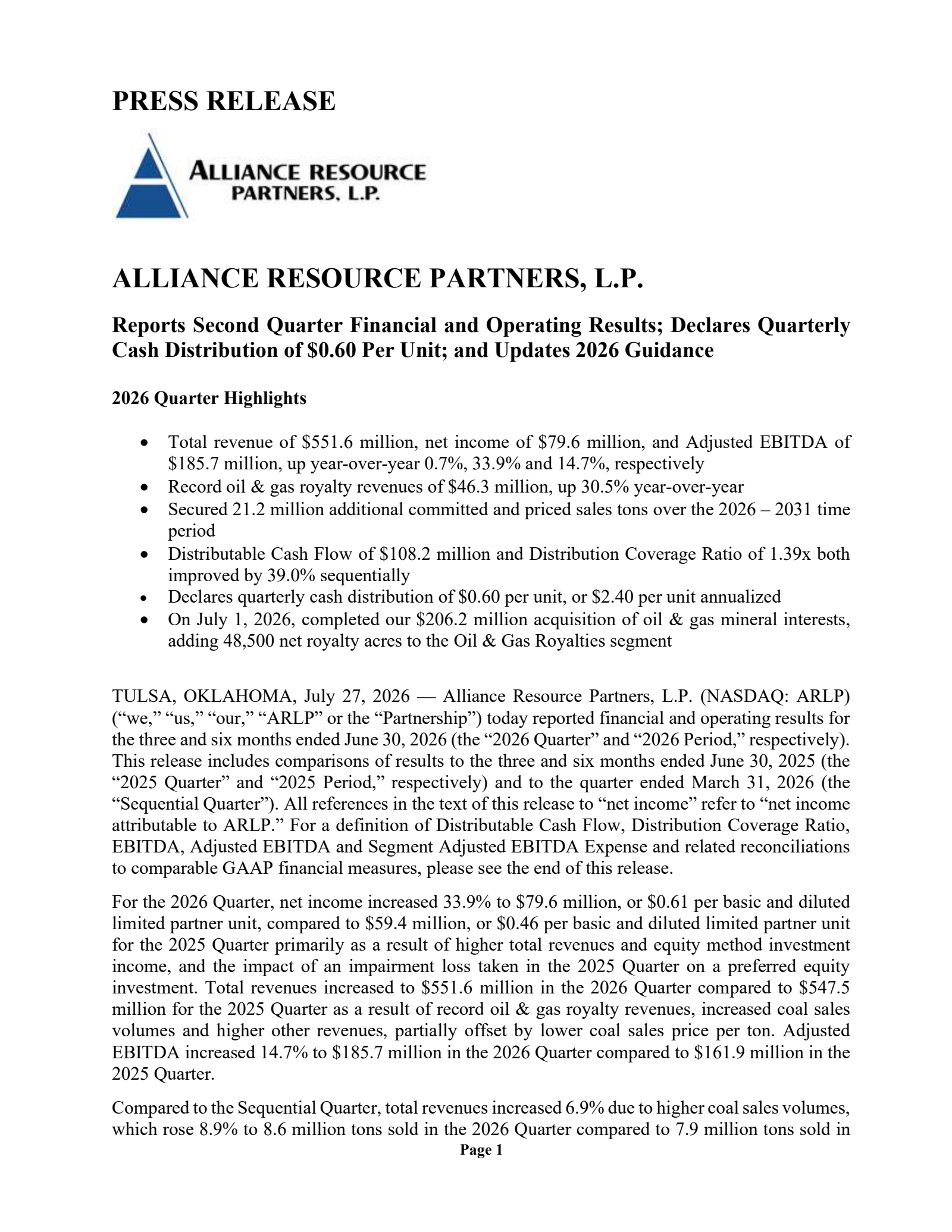 Alliance Resource Partners' Q2 2026 Press Release