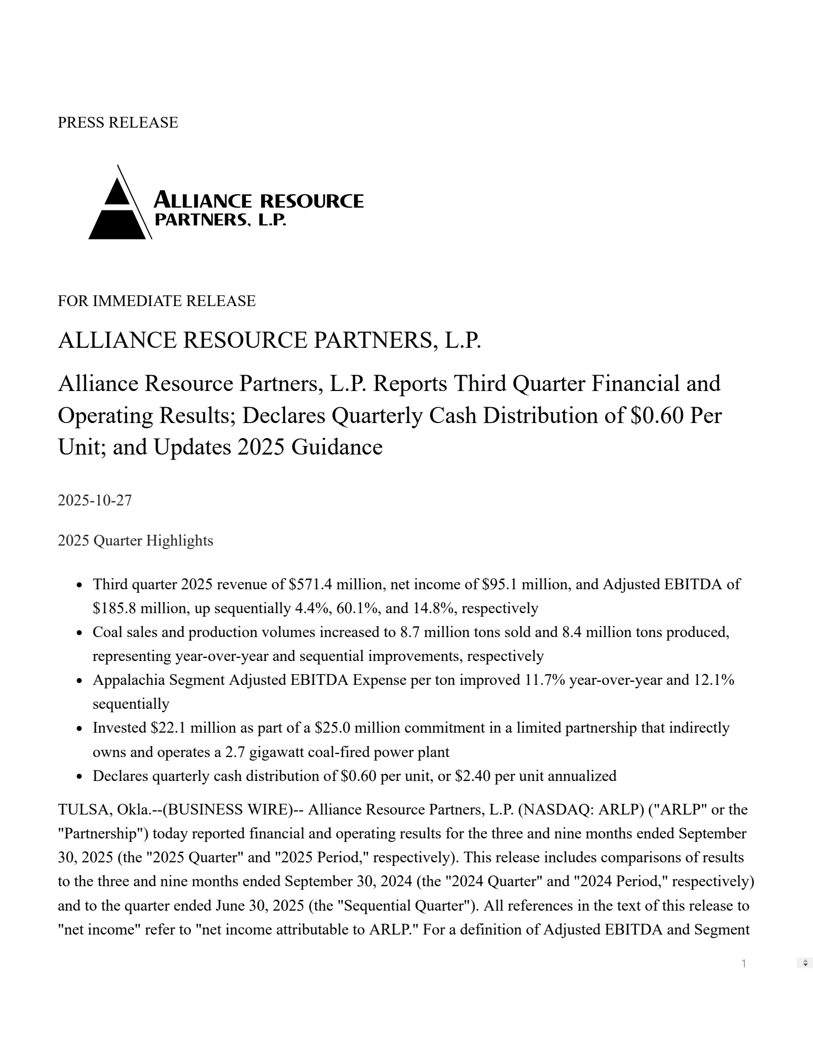 Alliance Resource Partners' Q3 2025 Earnings Release