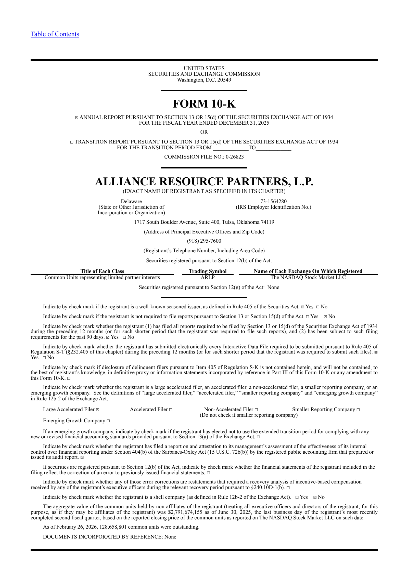 Alliance Resource Partners' Q4 2025 Annual report