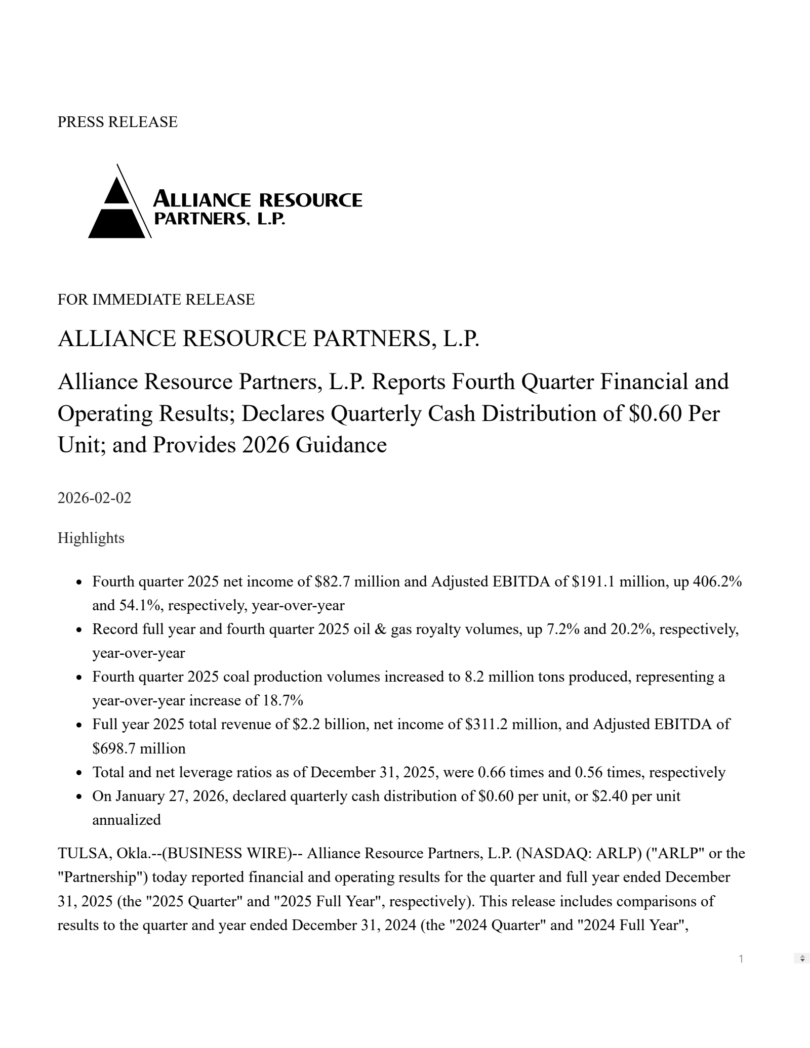 Alliance Resource Partners' Q4 2025 Press Release