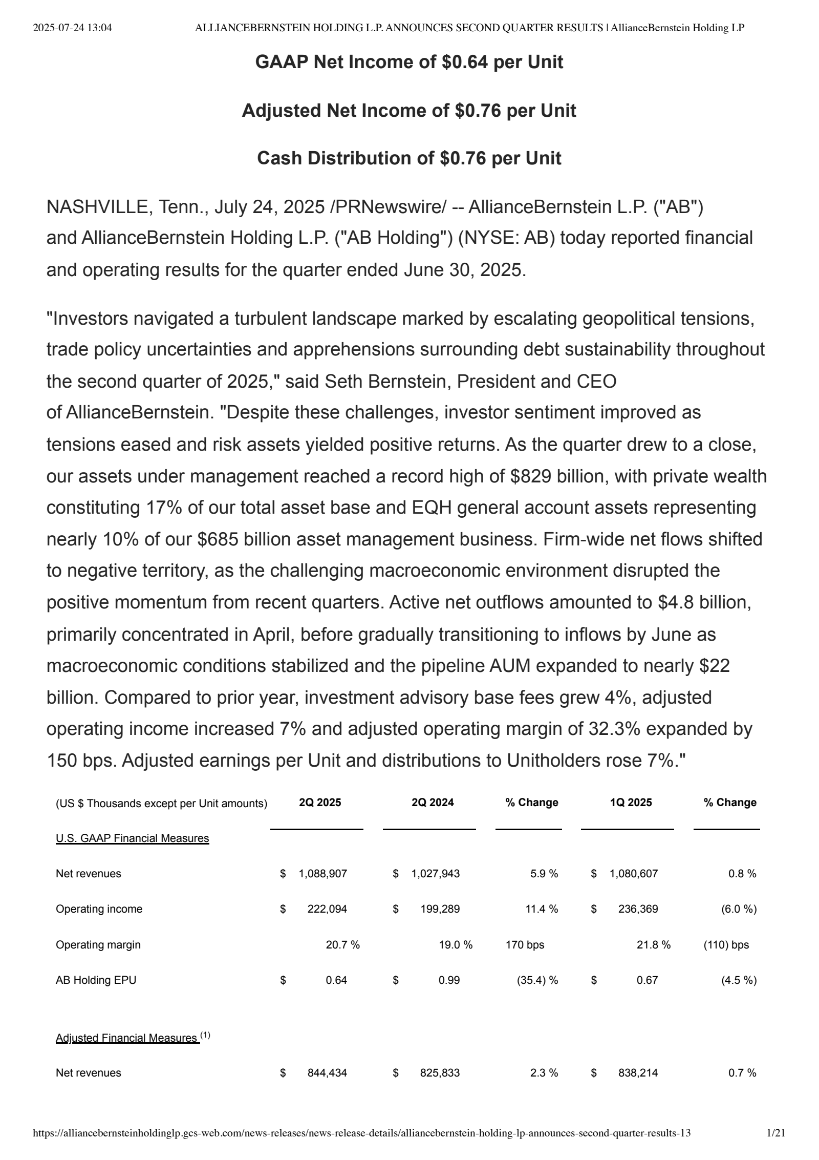 AllianceBernstein's Q2 2025 Press Release