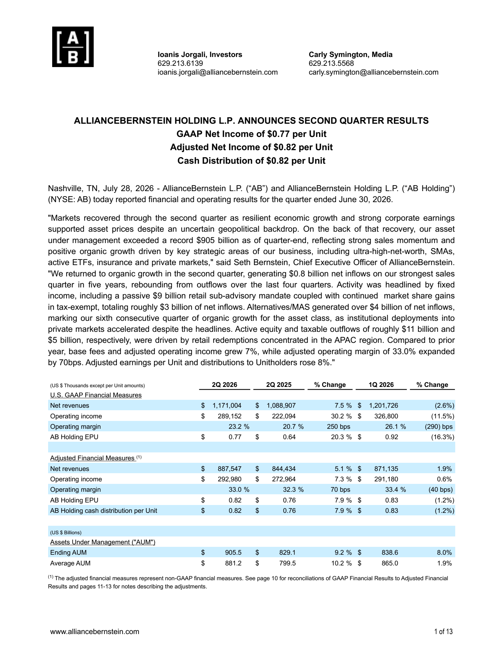 AllianceBernstein's Q2 2026 Press Release