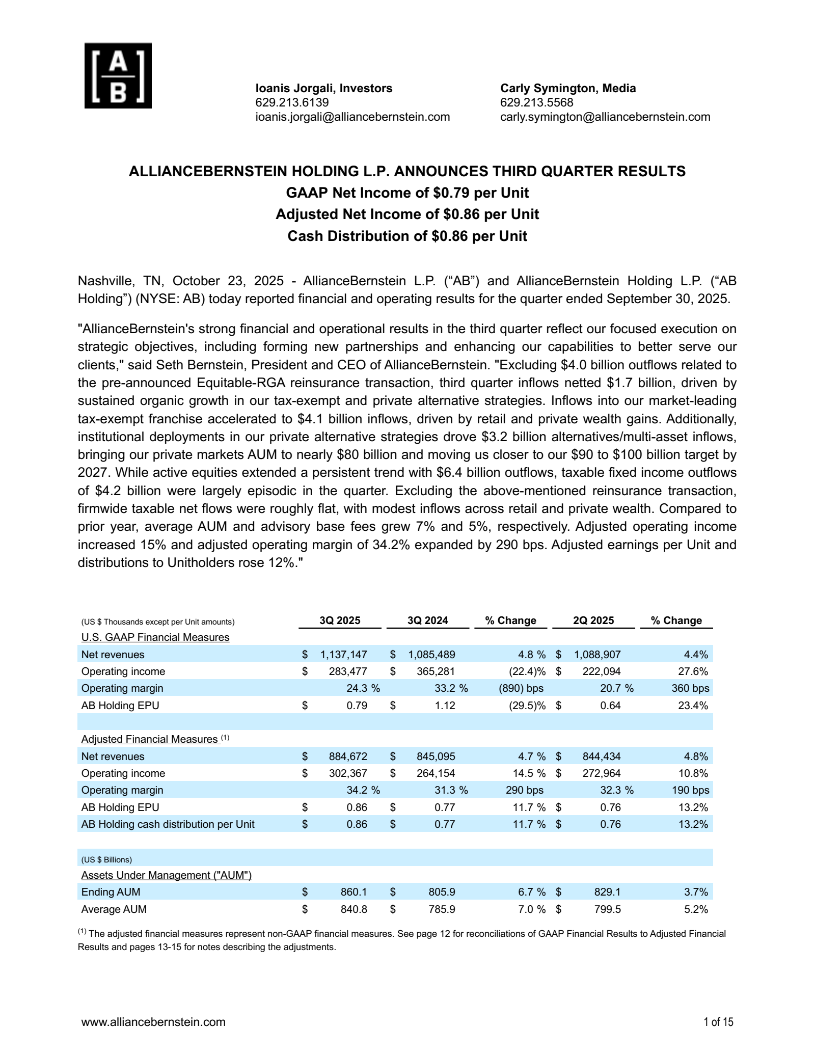 AllianceBernstein's Q3 2025 Earnings Release