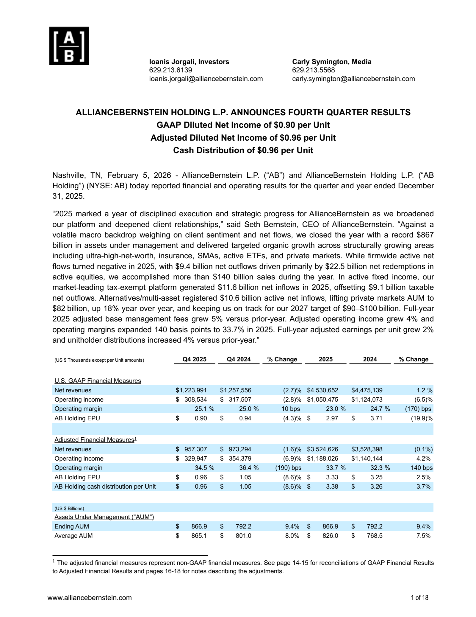 AllianceBernstein's Q4 2025 Press Release