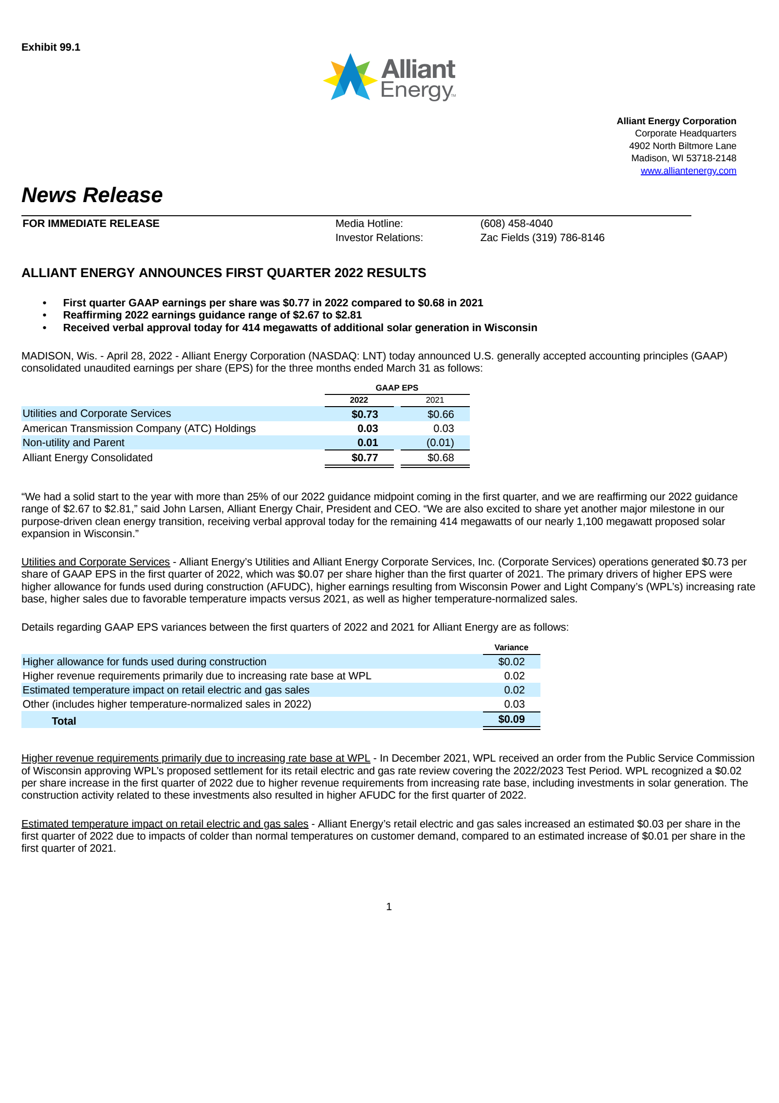Alliant Energy's Q1 2022 Press Release