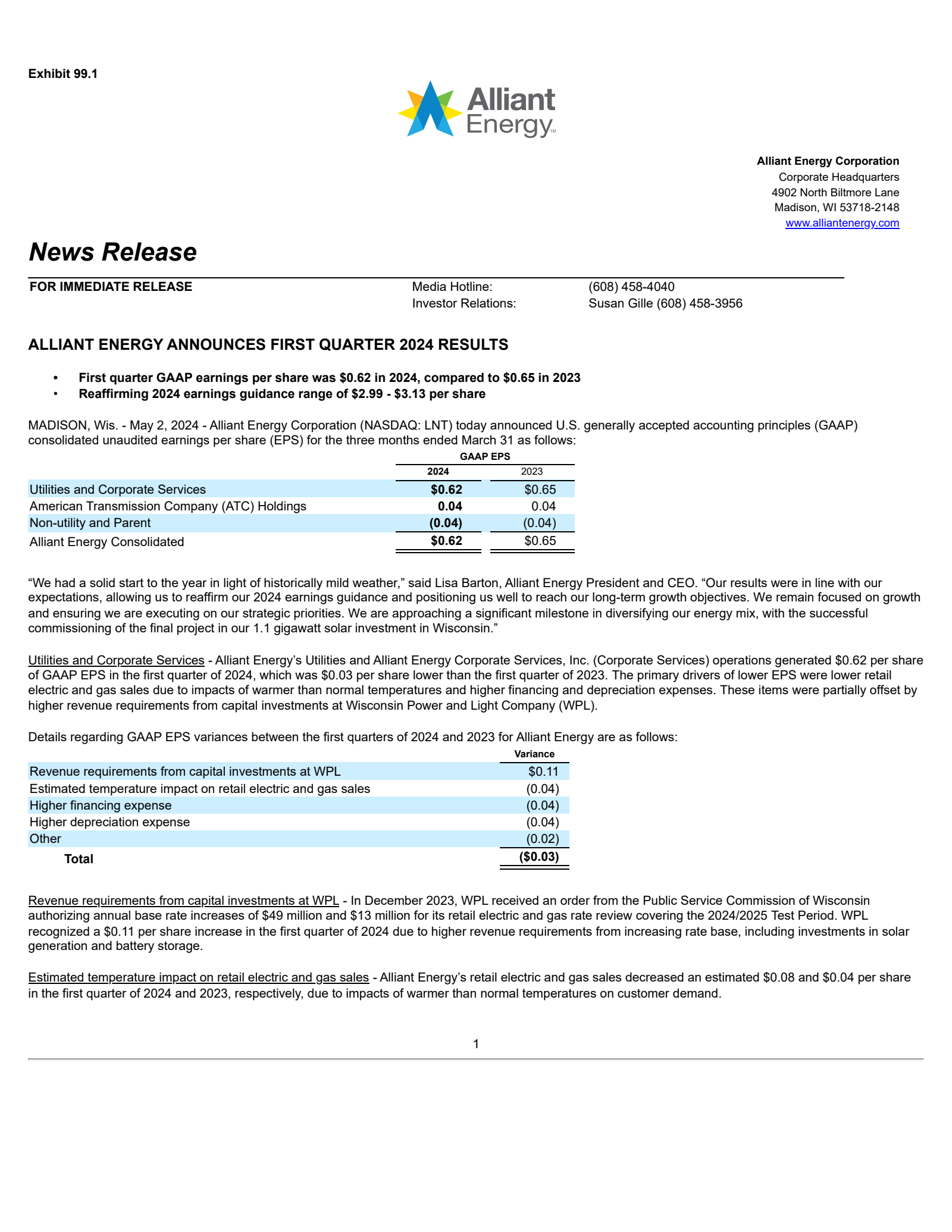 Alliant Energy's Q1 2024 Press Release