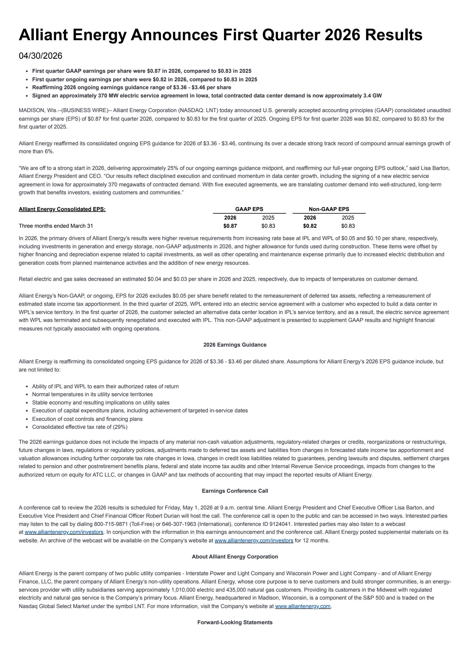 Alliant Energy's Q1 2026 Press Release