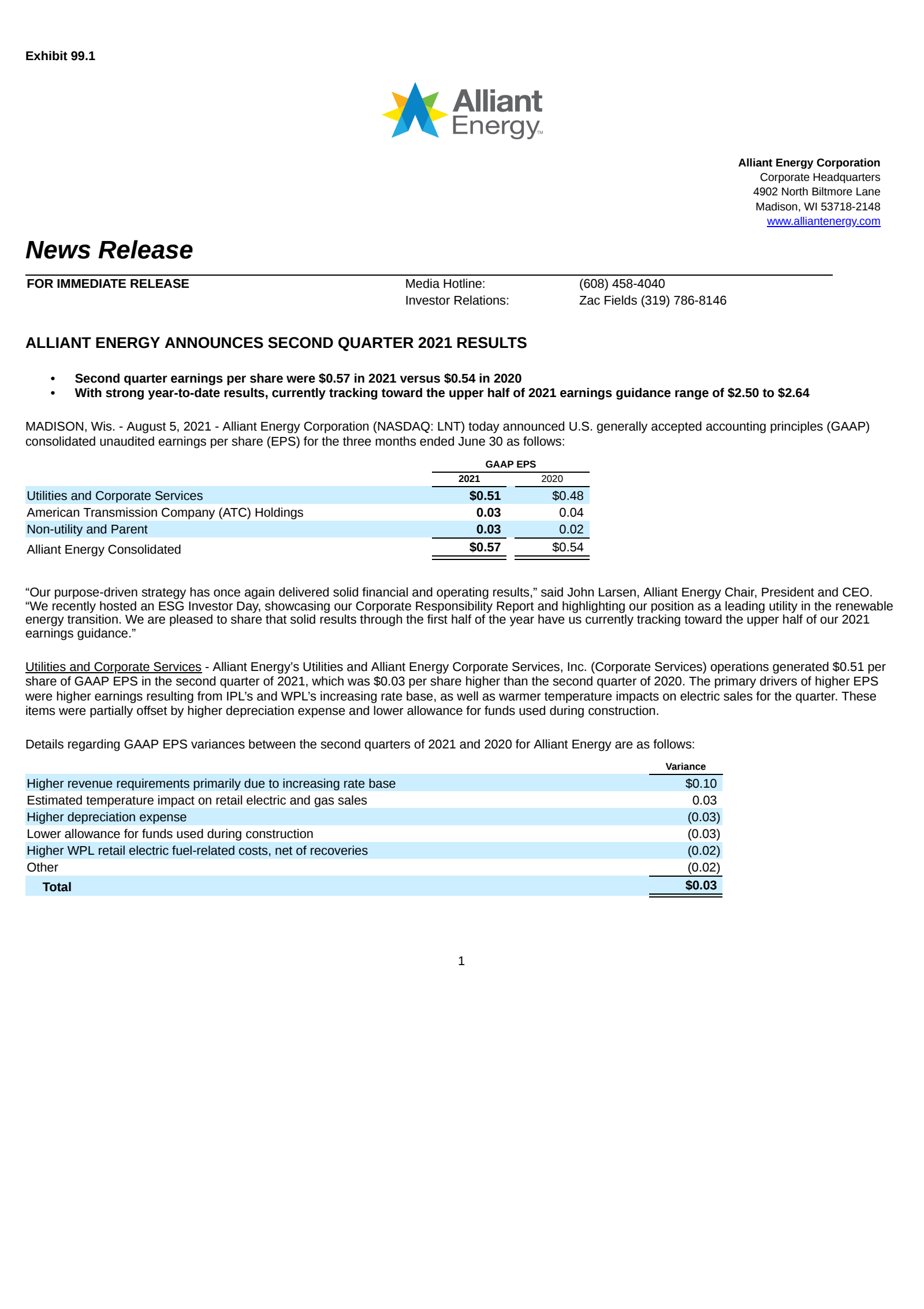 Alliant Energy's Q2 2021 Press Release