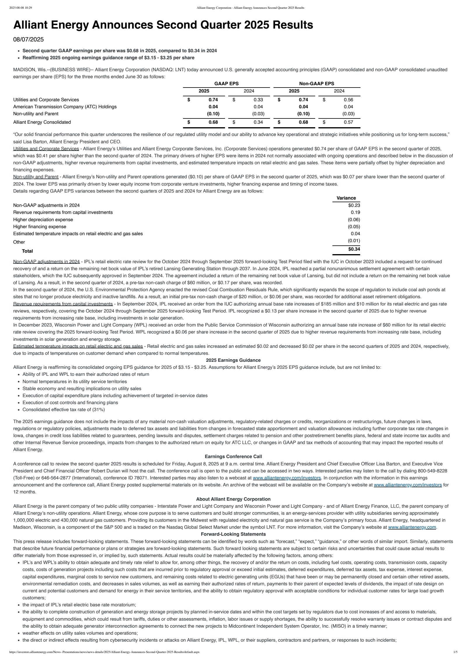 Alliant Energy's Q2 2025 Press Release
