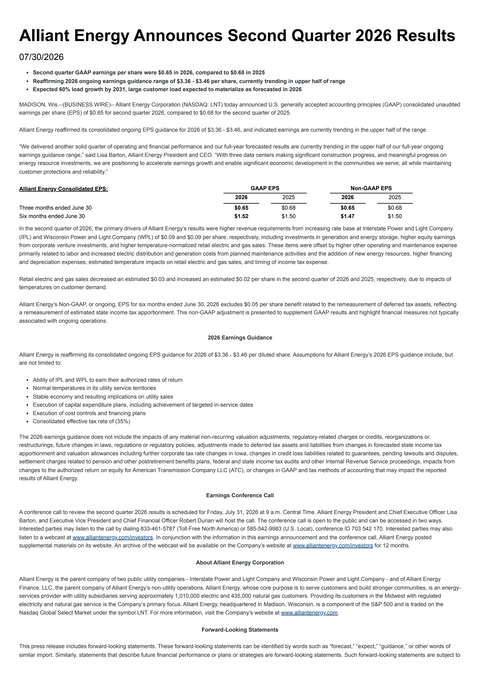 Alliant Energy's Q2 2026 Press Release