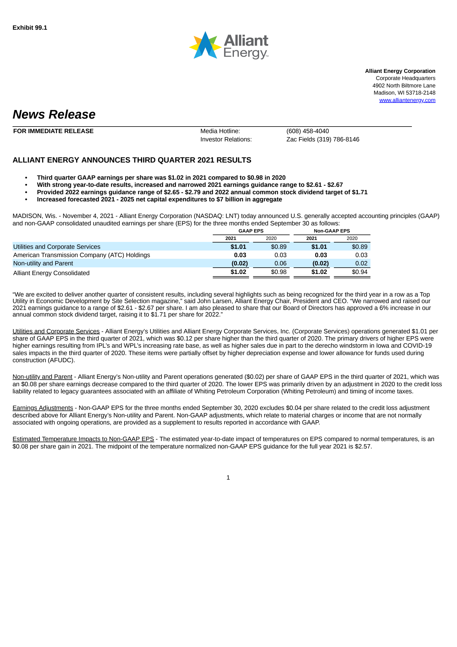 Alliant Energy's Q3 2021 Press Release