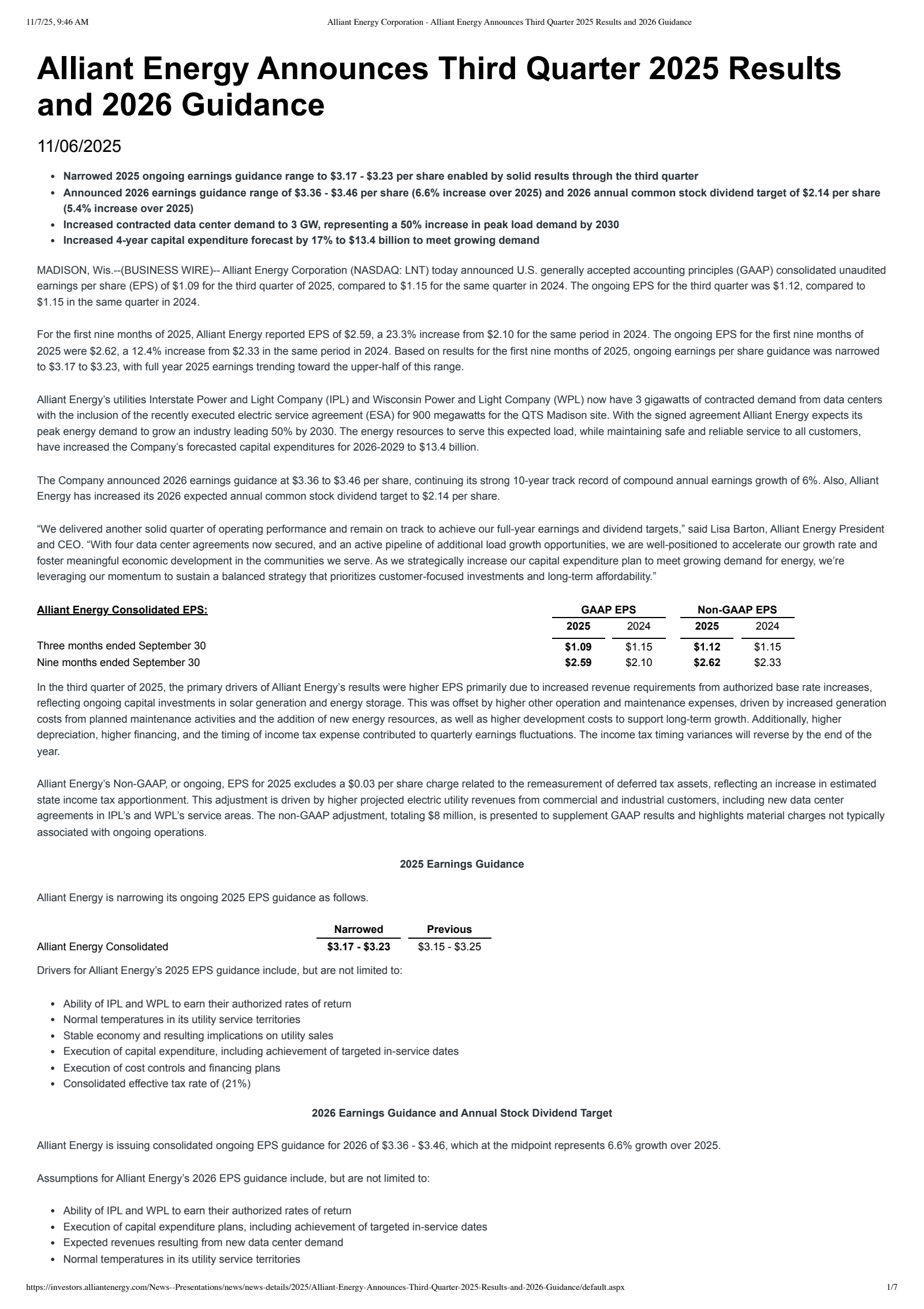 Alliant Energy's Q3 2025 Earnings Release