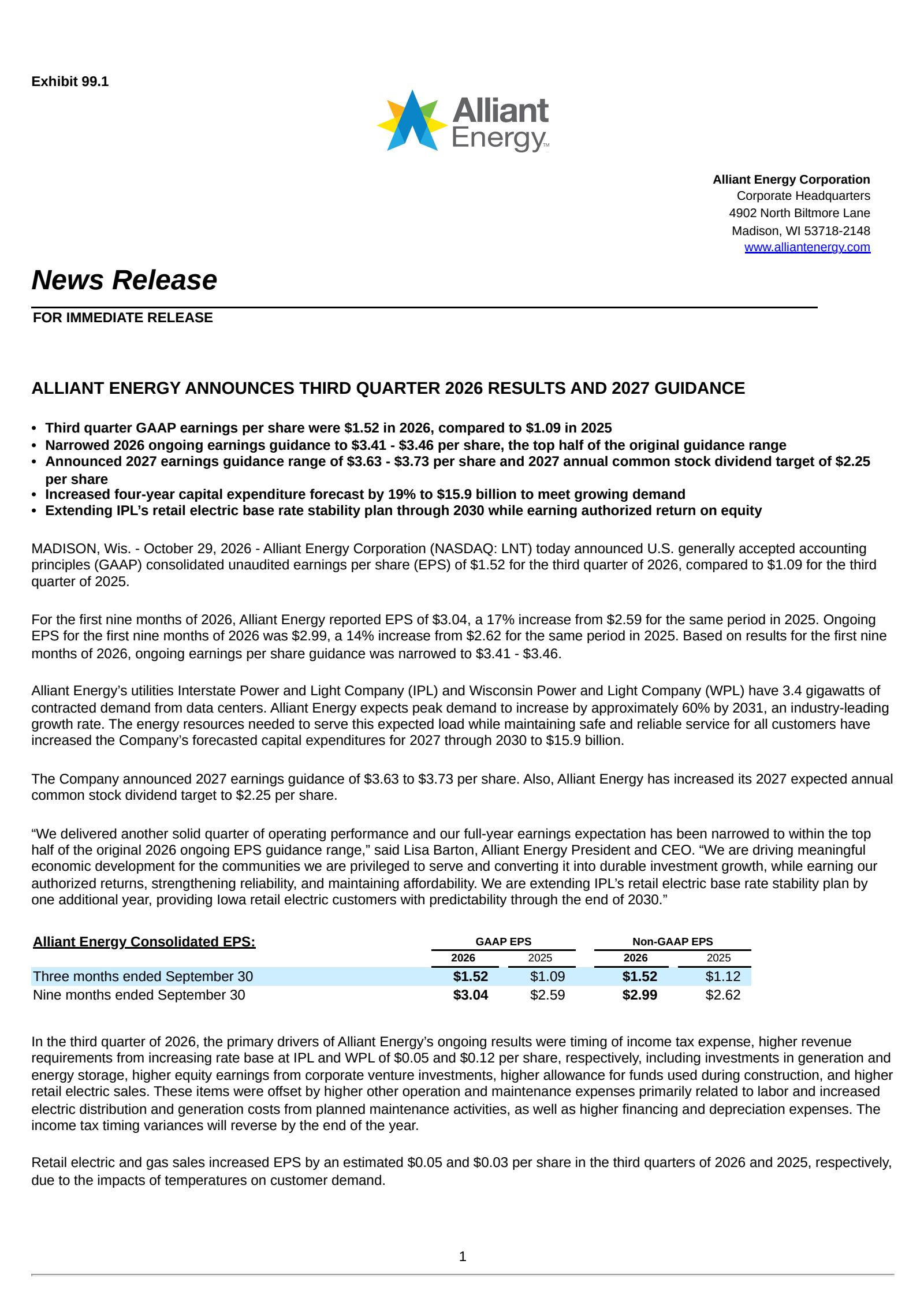 Alliant Energy (LNT) Q3 2026 Earnings Results & Call Transcript