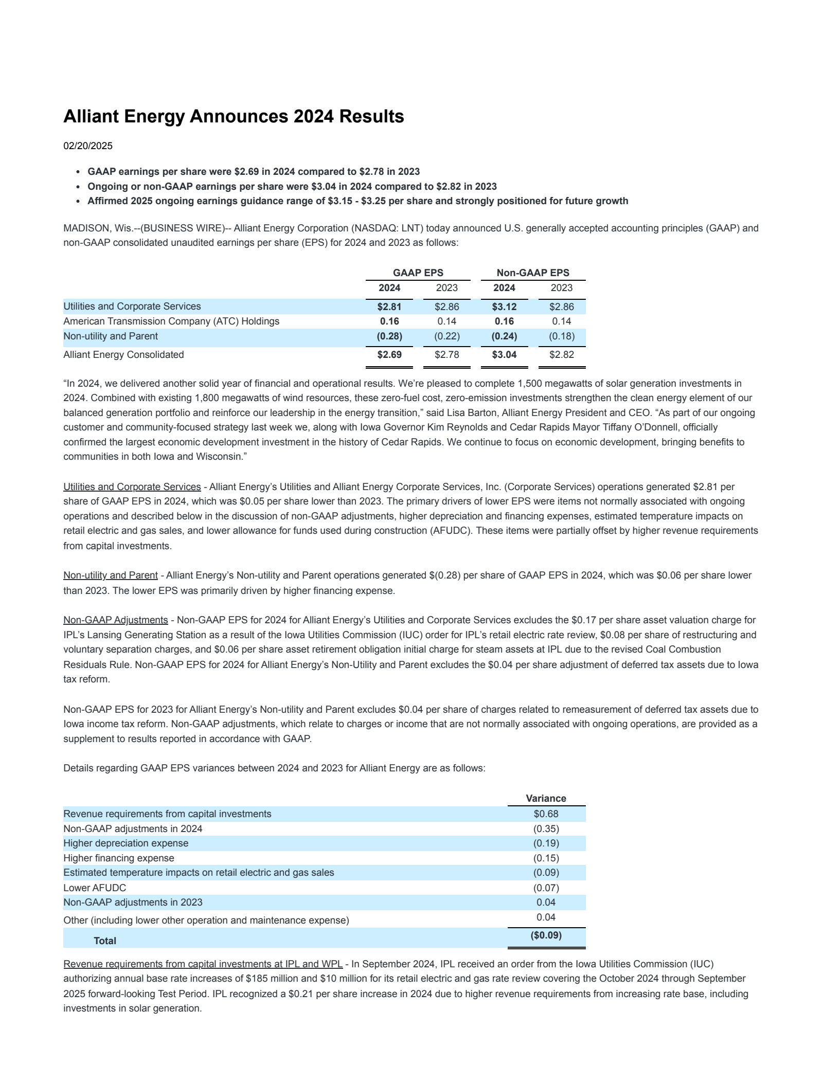 Alliant Energy's Q4 2024 Press Release