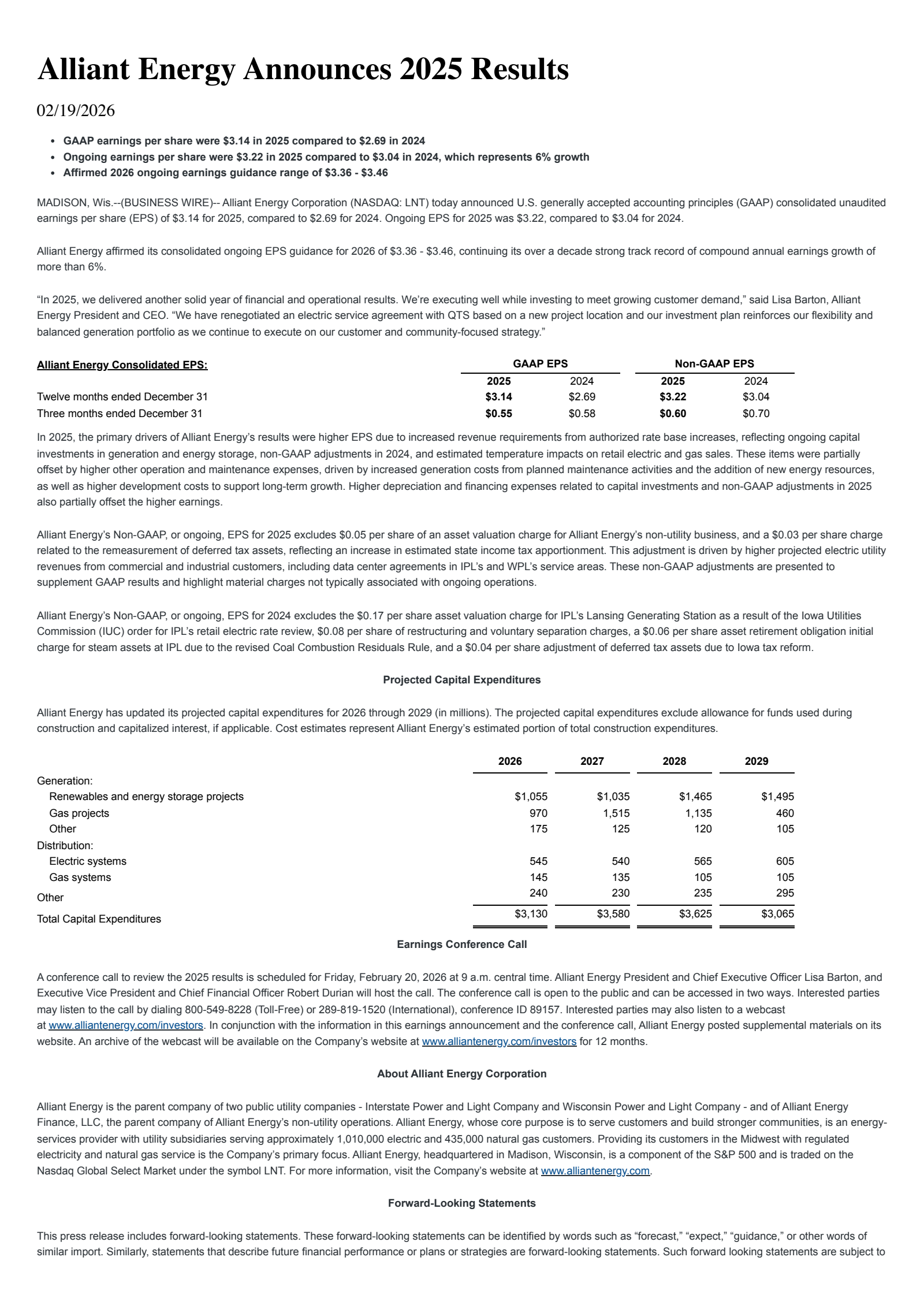 Alliant Energy's Q4 2025 Press Release