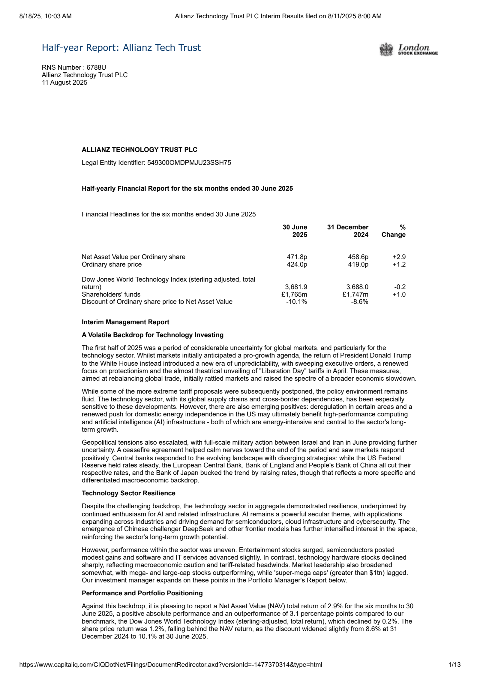Allianz Technology Trust's H1 2025 Interim report